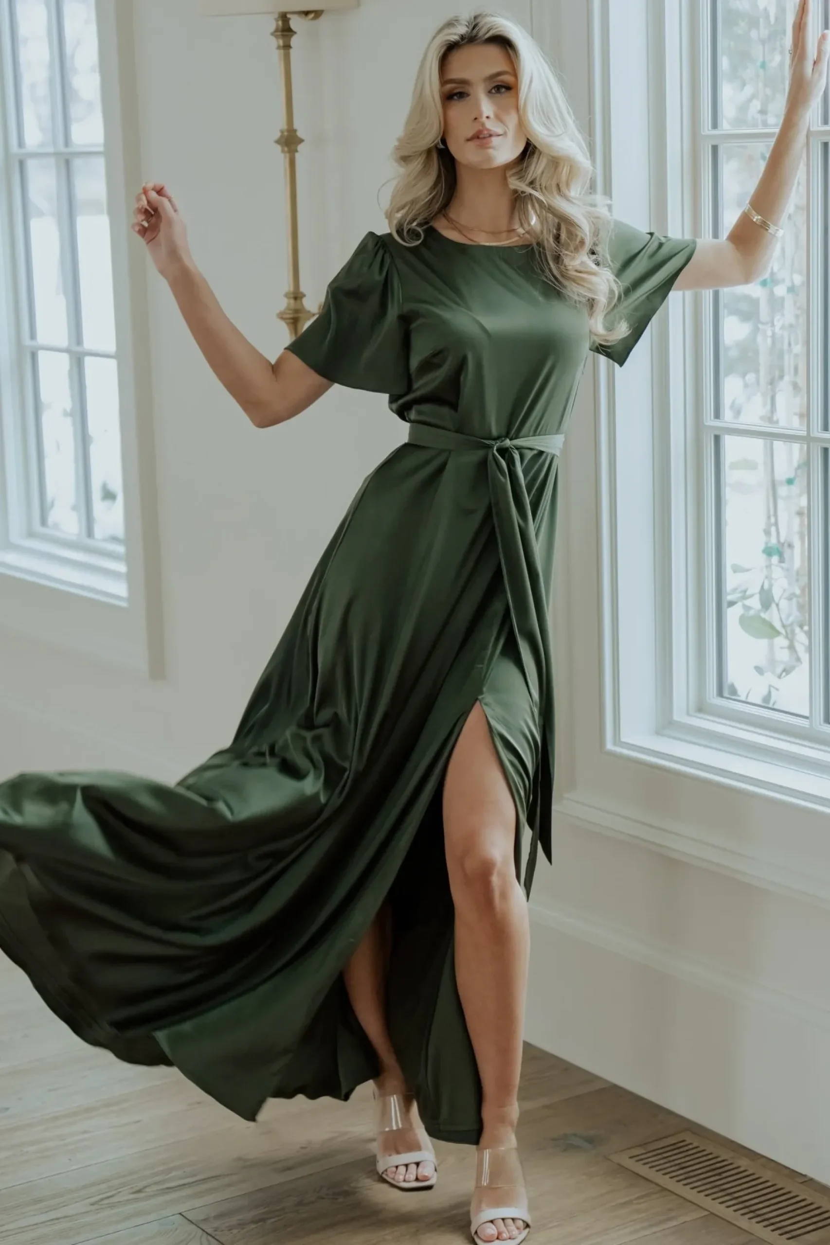 Baltic Born WEDDING SUITE|wedding guest|Agnes Satin Maxi Dress | Juniper Green