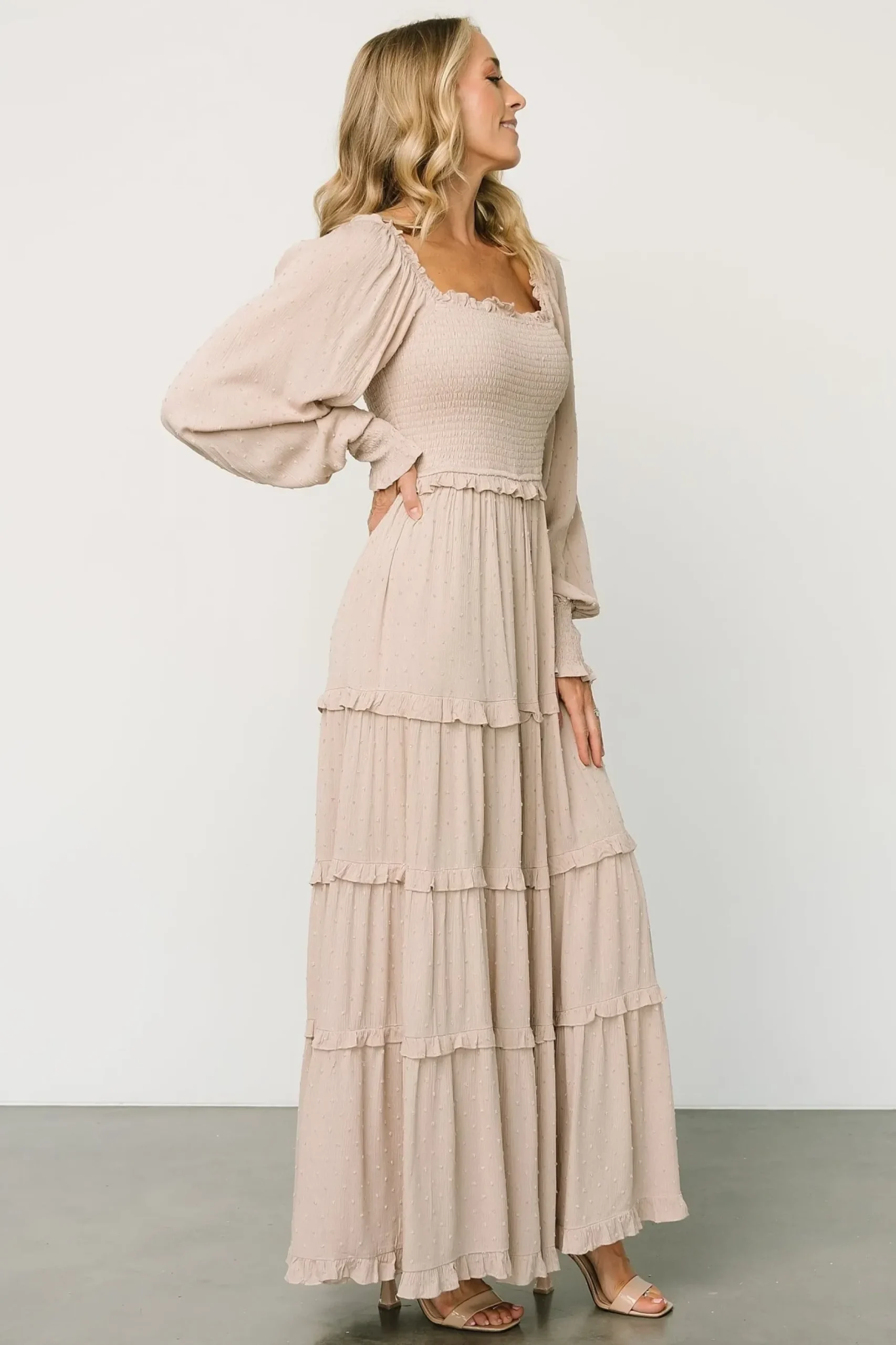 Baltic Born maxi dresses|EXTENDED SIZING|Amanda Smocked Dotted Maxi Dress | Beige