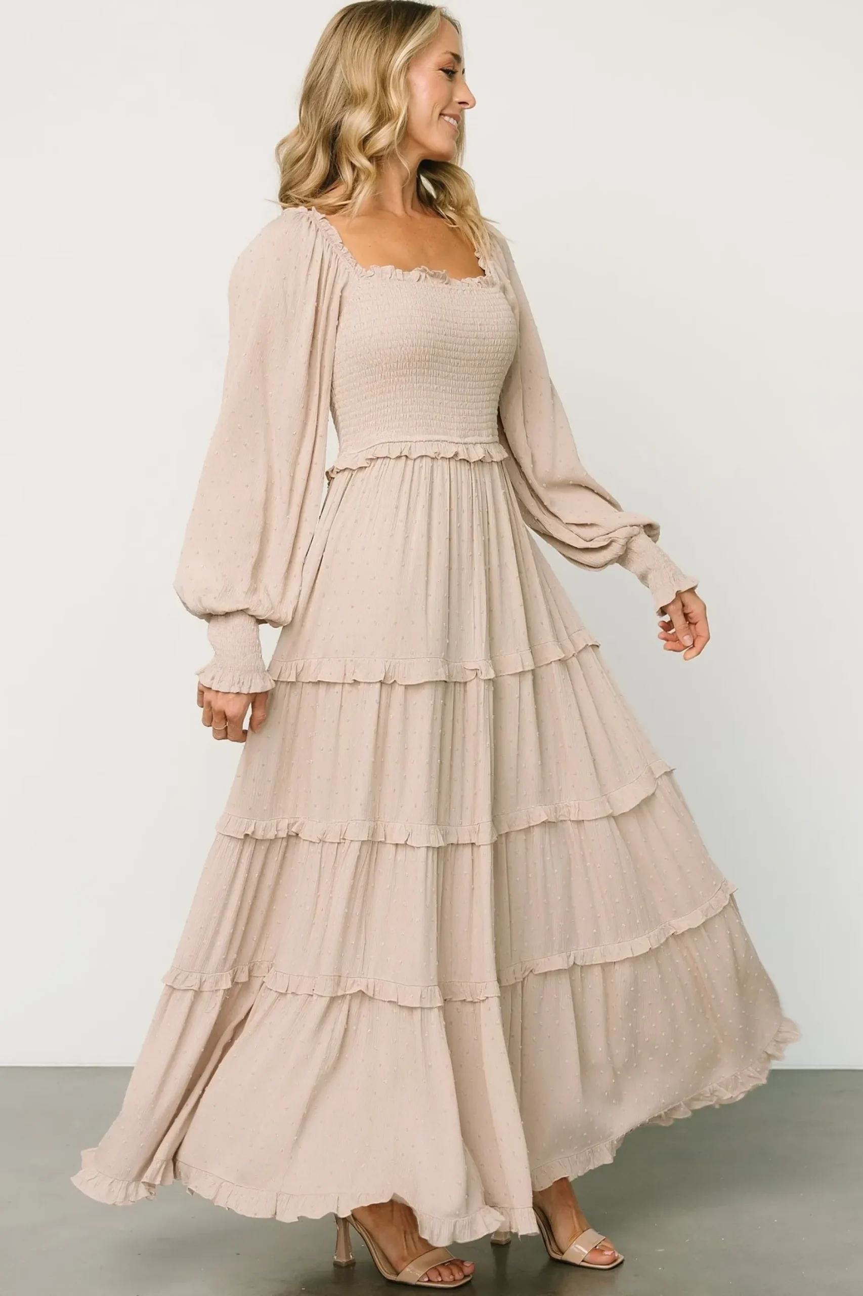 Baltic Born maxi dresses|EXTENDED SIZING|Amanda Smocked Dotted Maxi Dress | Beige