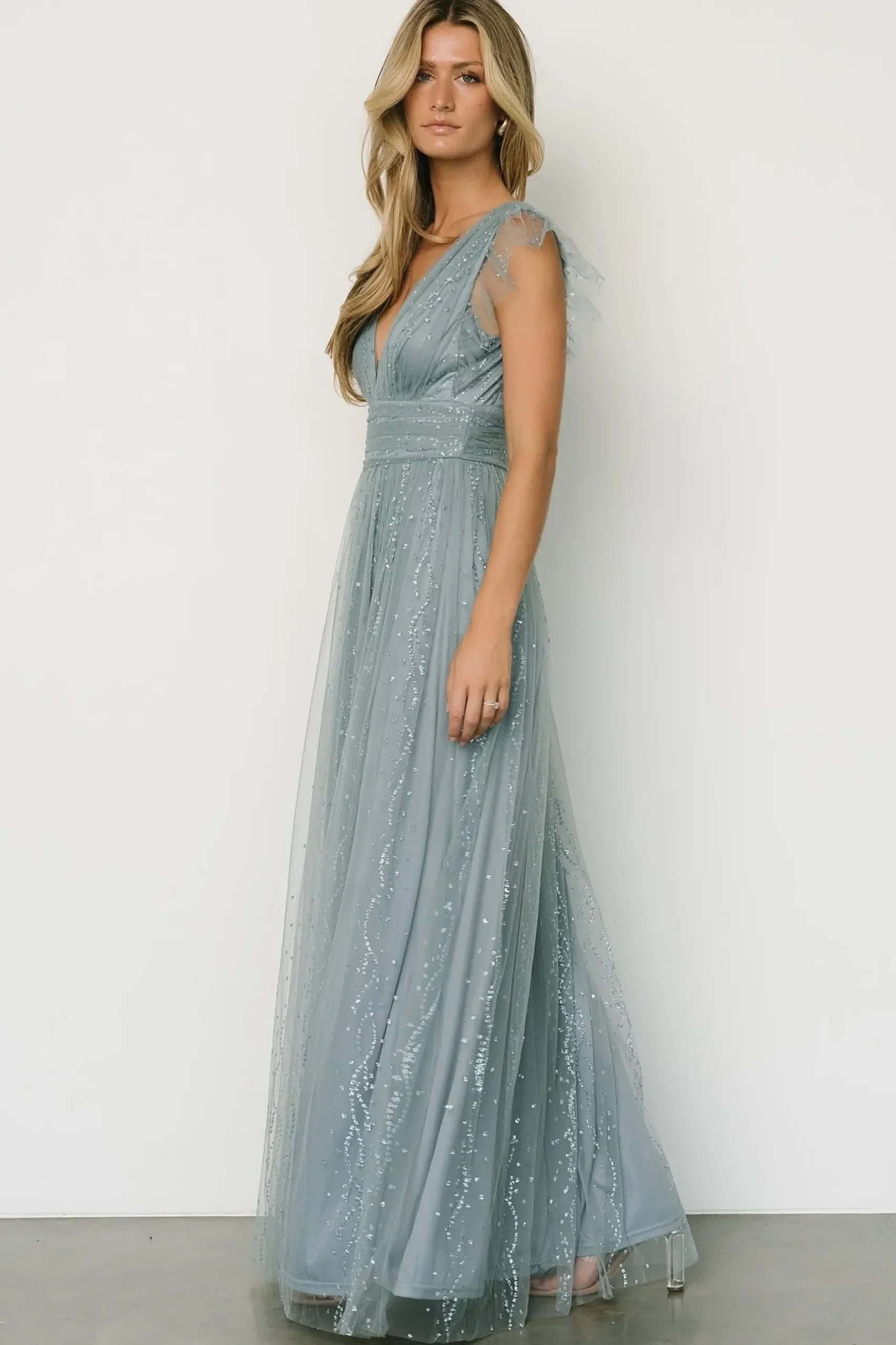 Baltic Born tulle styles|Annika Sequin Mesh Maxi Dress | Slate