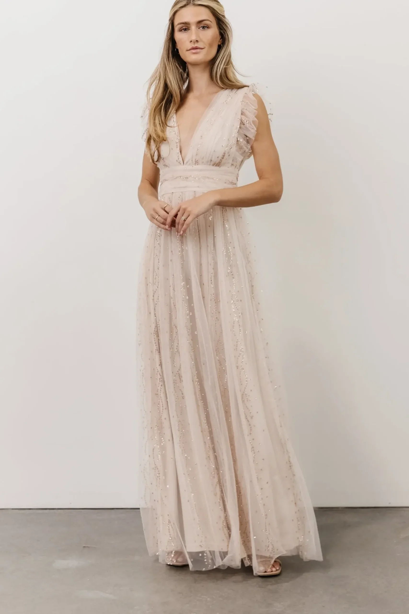 Baltic Born tulle styles|Annika Sequin Mesh Maxi Dress | Nude Blush