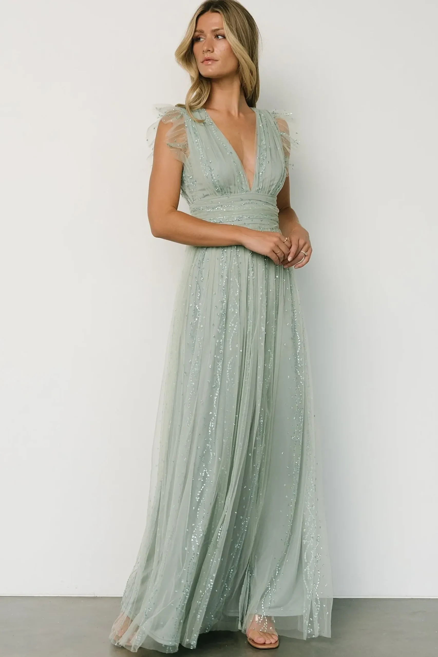 Baltic Born tulle styles|Annika Sequin Mesh Maxi Dress | Dusty Sage
