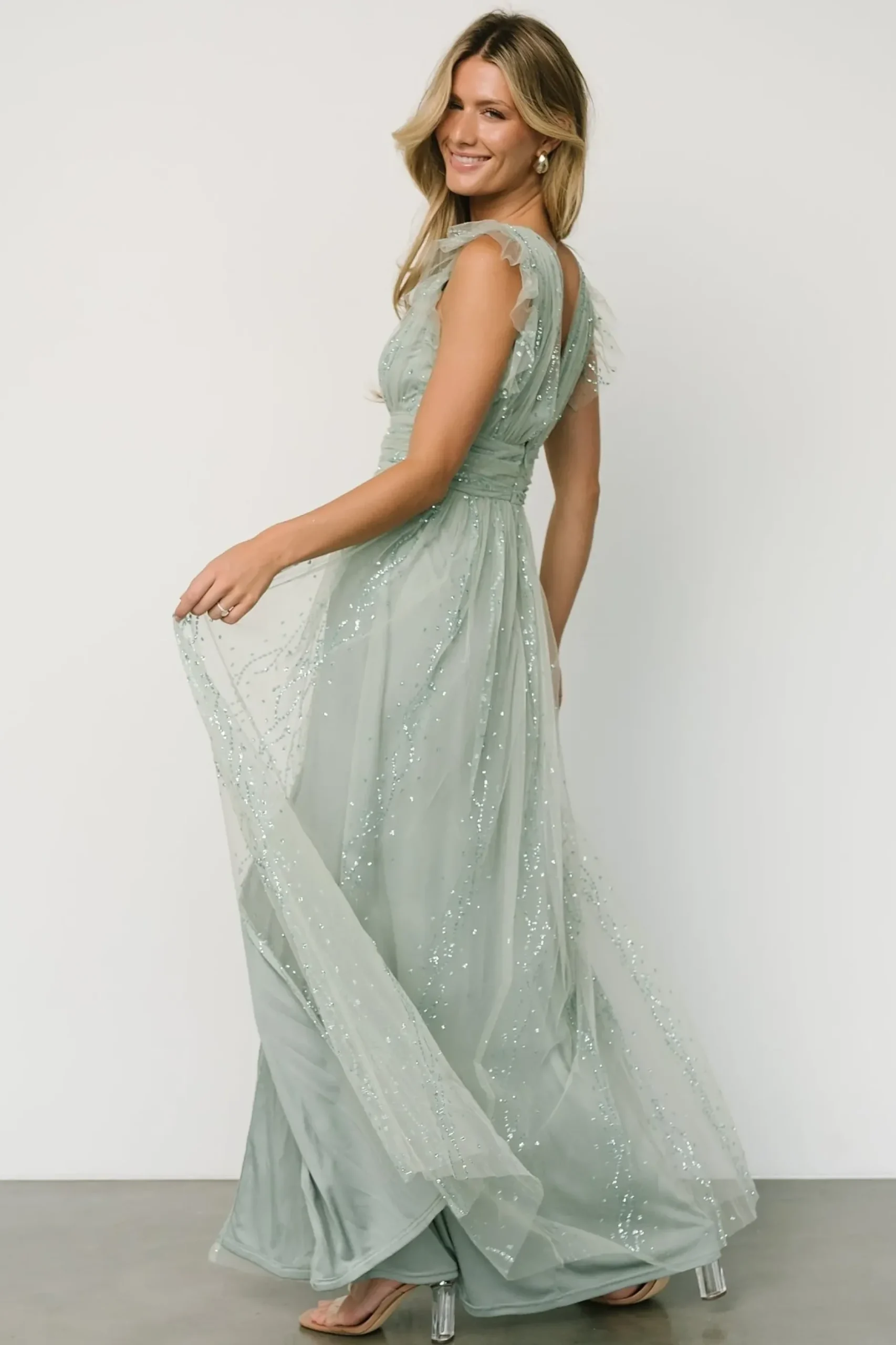 Baltic Born tulle styles|Annika Sequin Mesh Maxi Dress | Dusty Sage