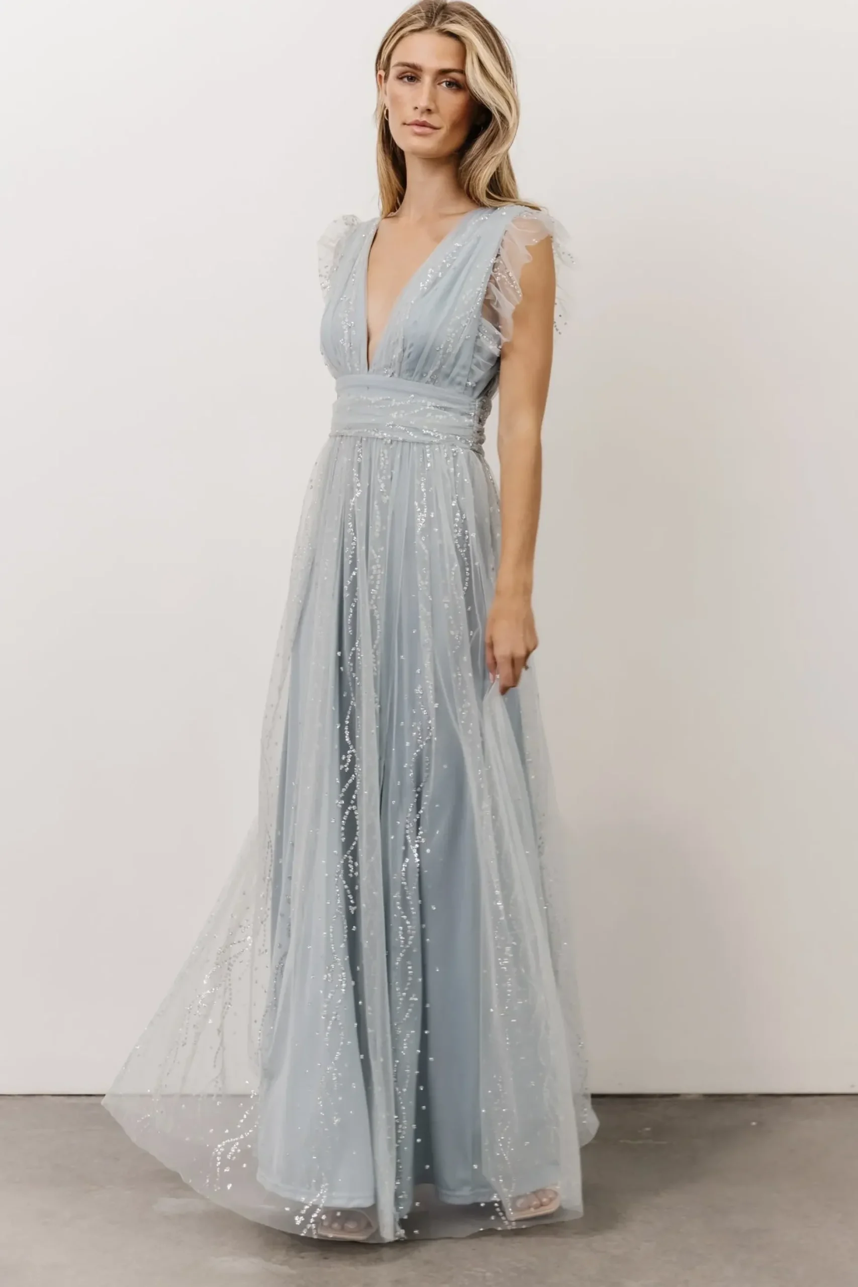 Baltic Born tulle styles|Annika Sequin Mesh Maxi Dress | Dusty Blue