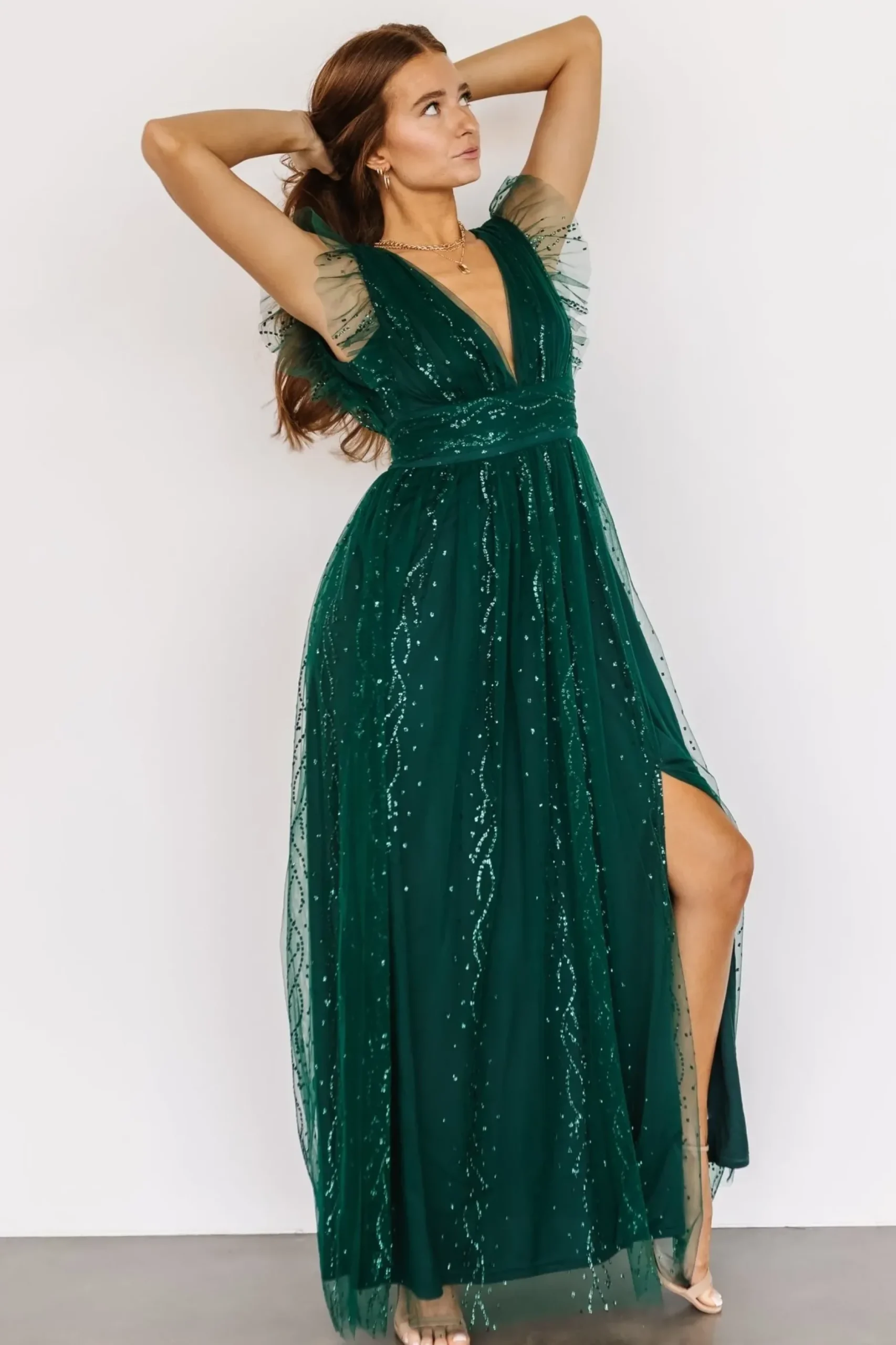 Baltic Born tulle styles|Annika Sequin Mesh Maxi Dress | Green