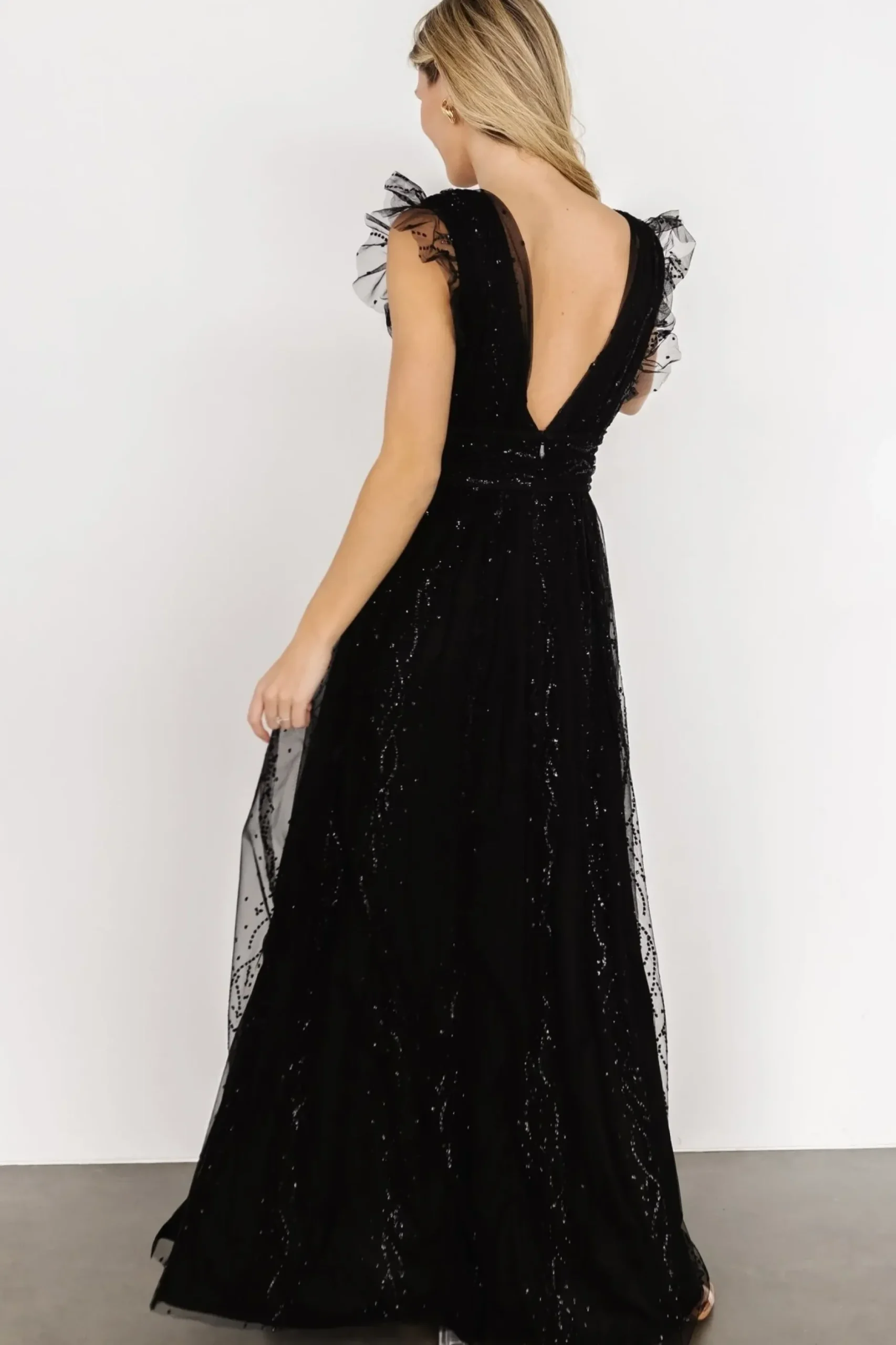 Baltic Born tulle styles|Annika Sequin Mesh Maxi Dress | Black