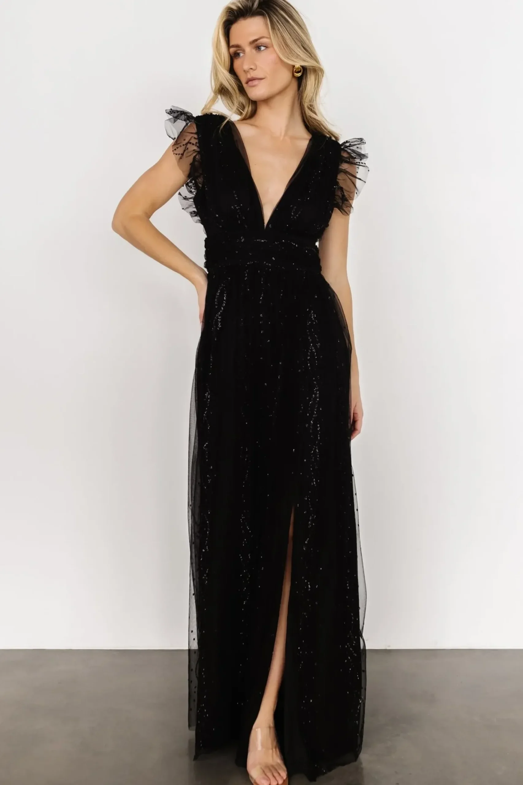 Baltic Born tulle styles|Annika Sequin Mesh Maxi Dress | Black