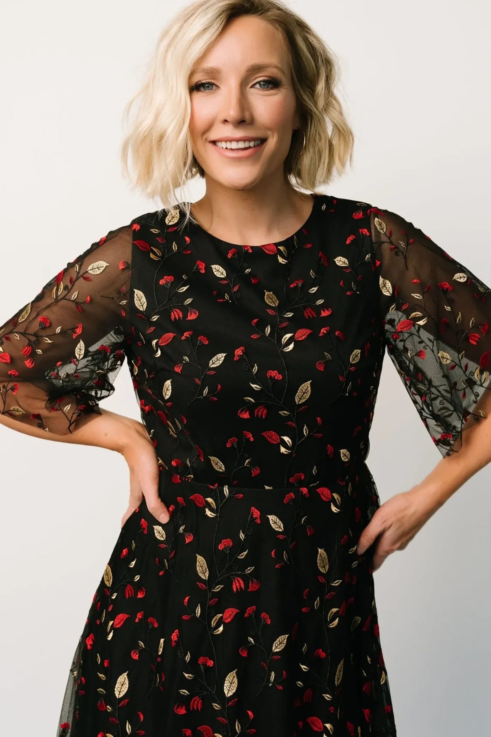 Baltic Born WEDDING SUITE|wedding guest|Arabella Embroidered Tulle Maxi Dress | Black + Red