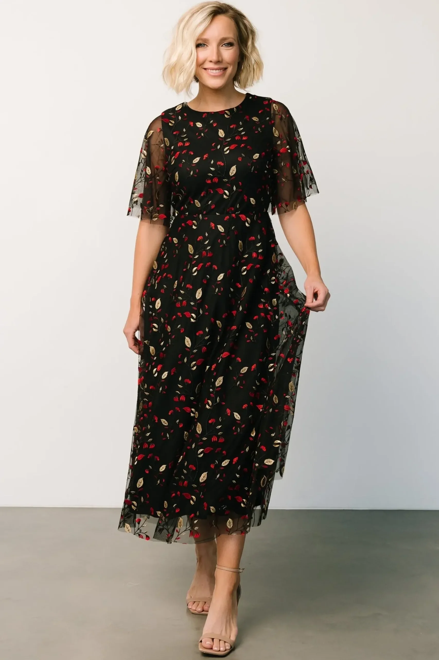 Baltic Born WEDDING SUITE|wedding guest|Arabella Embroidered Tulle Maxi Dress | Black + Red
