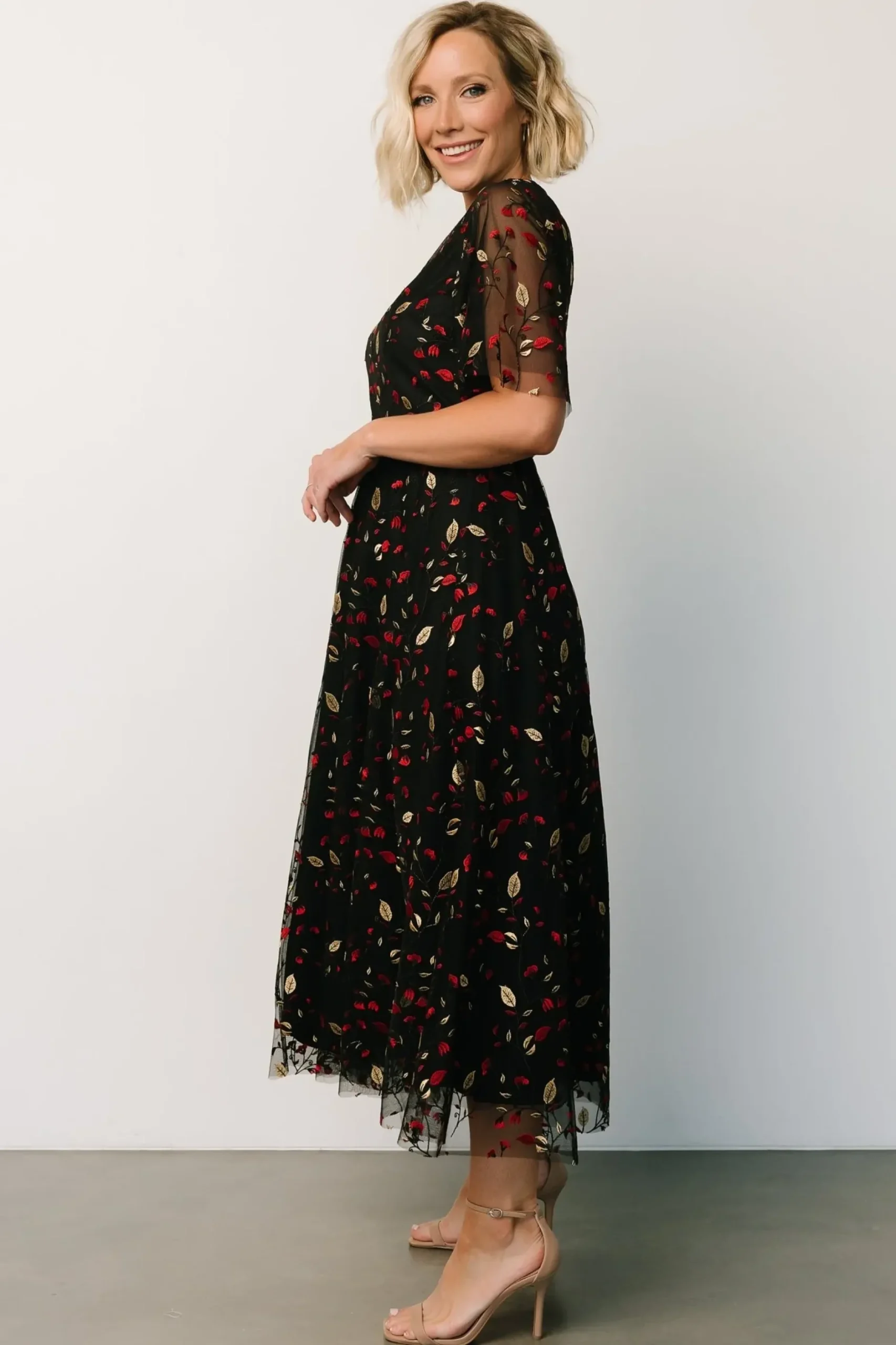 Baltic Born WEDDING SUITE|wedding guest|Arabella Embroidered Tulle Maxi Dress | Black + Red
