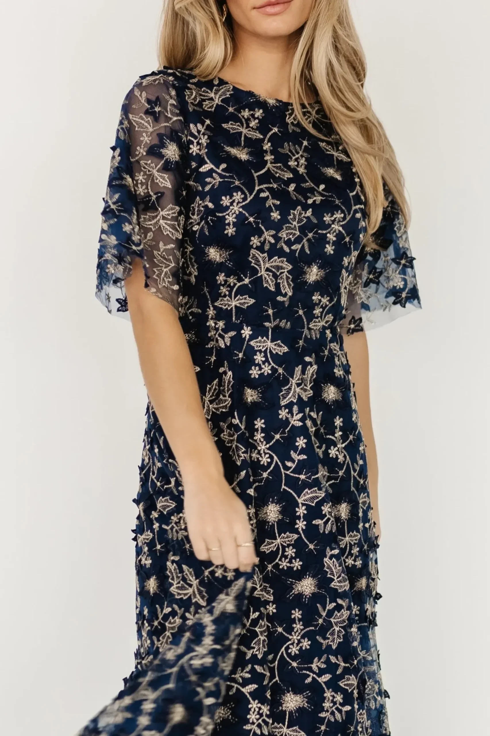 Baltic Born WEDDING SUITE|wedding guest|Arabella Embroidered Tulle Maxi Dress | Navy + Gold