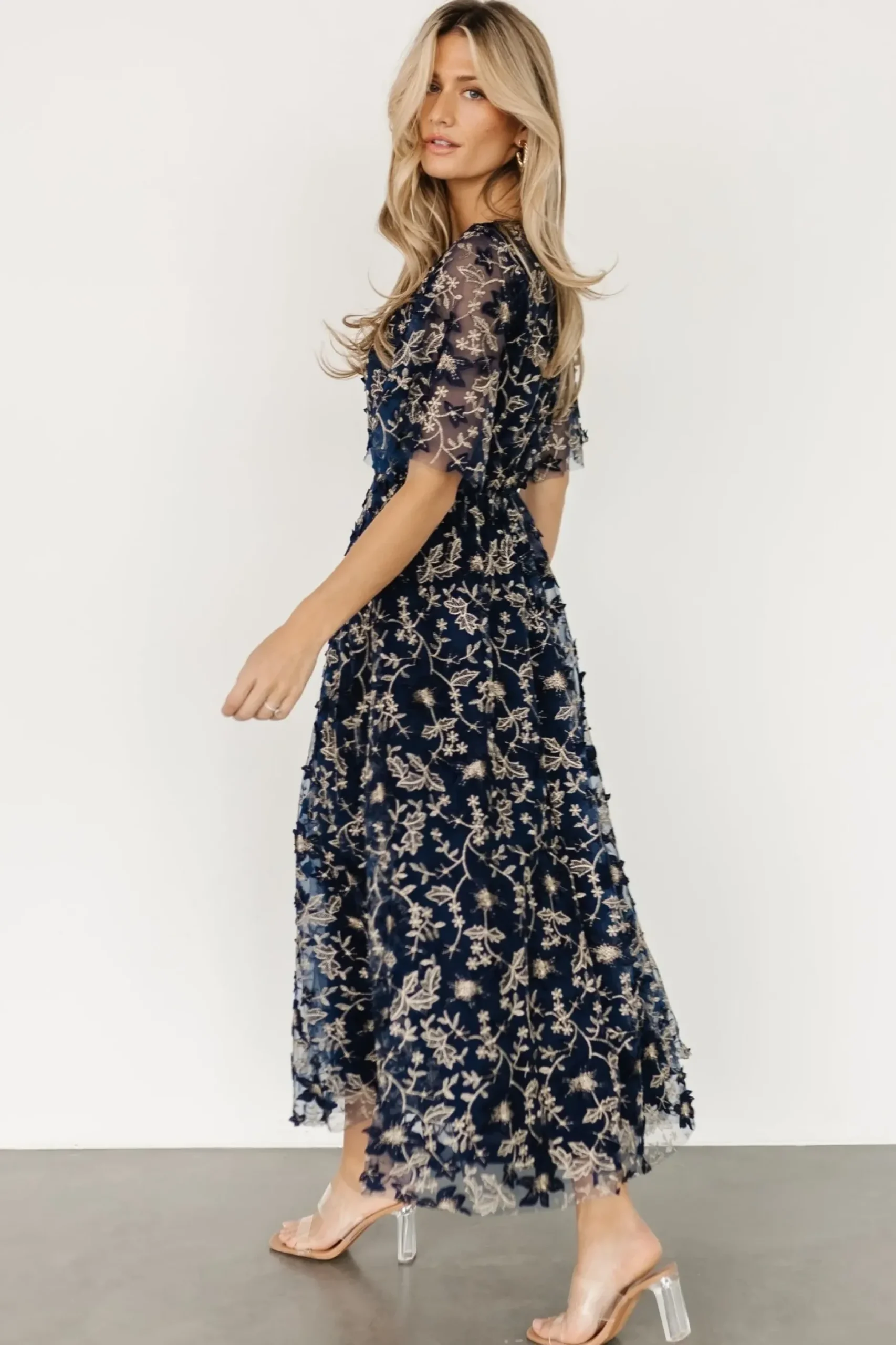 Baltic Born WEDDING SUITE|wedding guest|Arabella Embroidered Tulle Maxi Dress | Navy + Gold