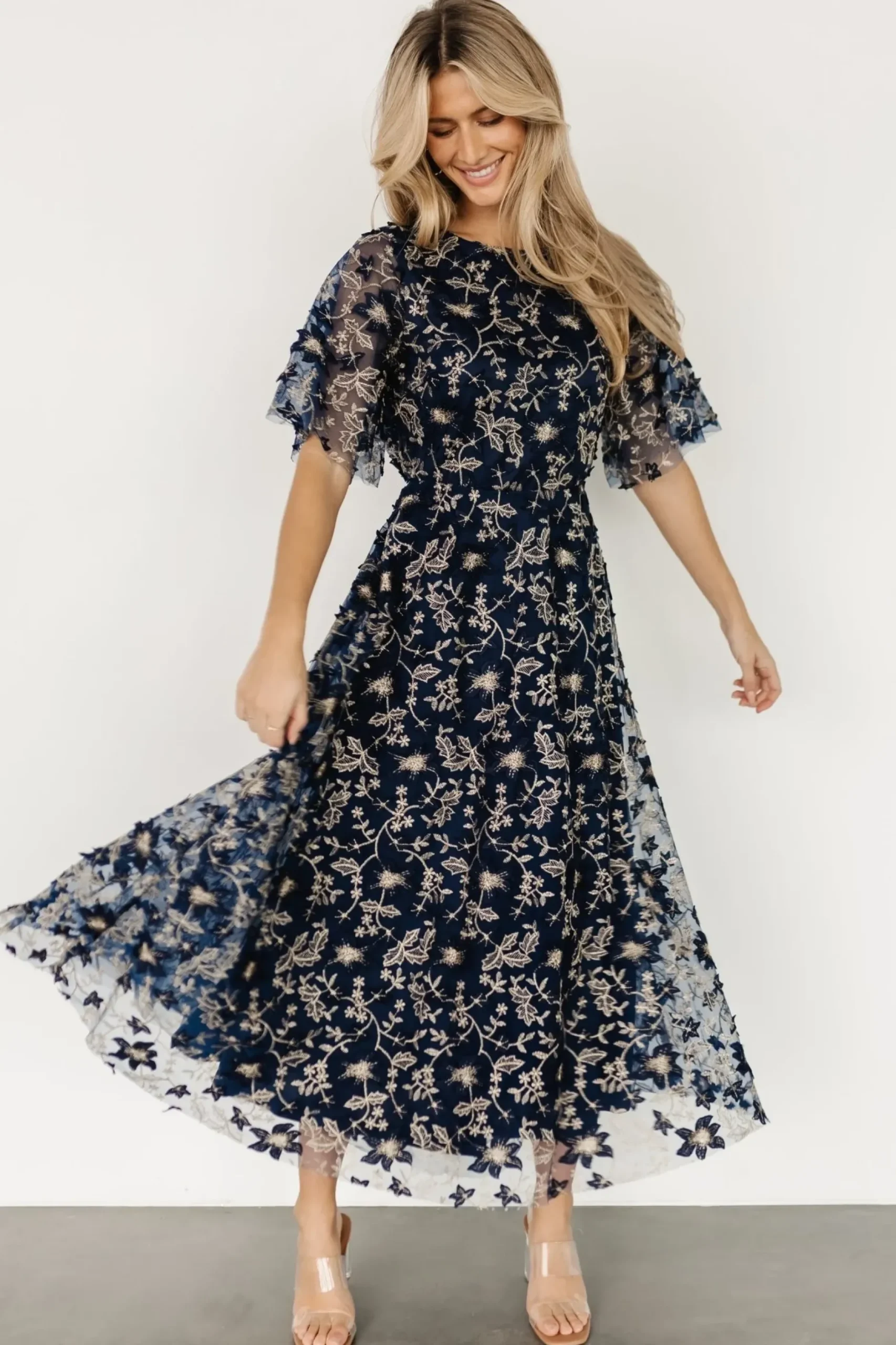 Baltic Born WEDDING SUITE|wedding guest|Arabella Embroidered Tulle Maxi Dress | Navy + Gold
