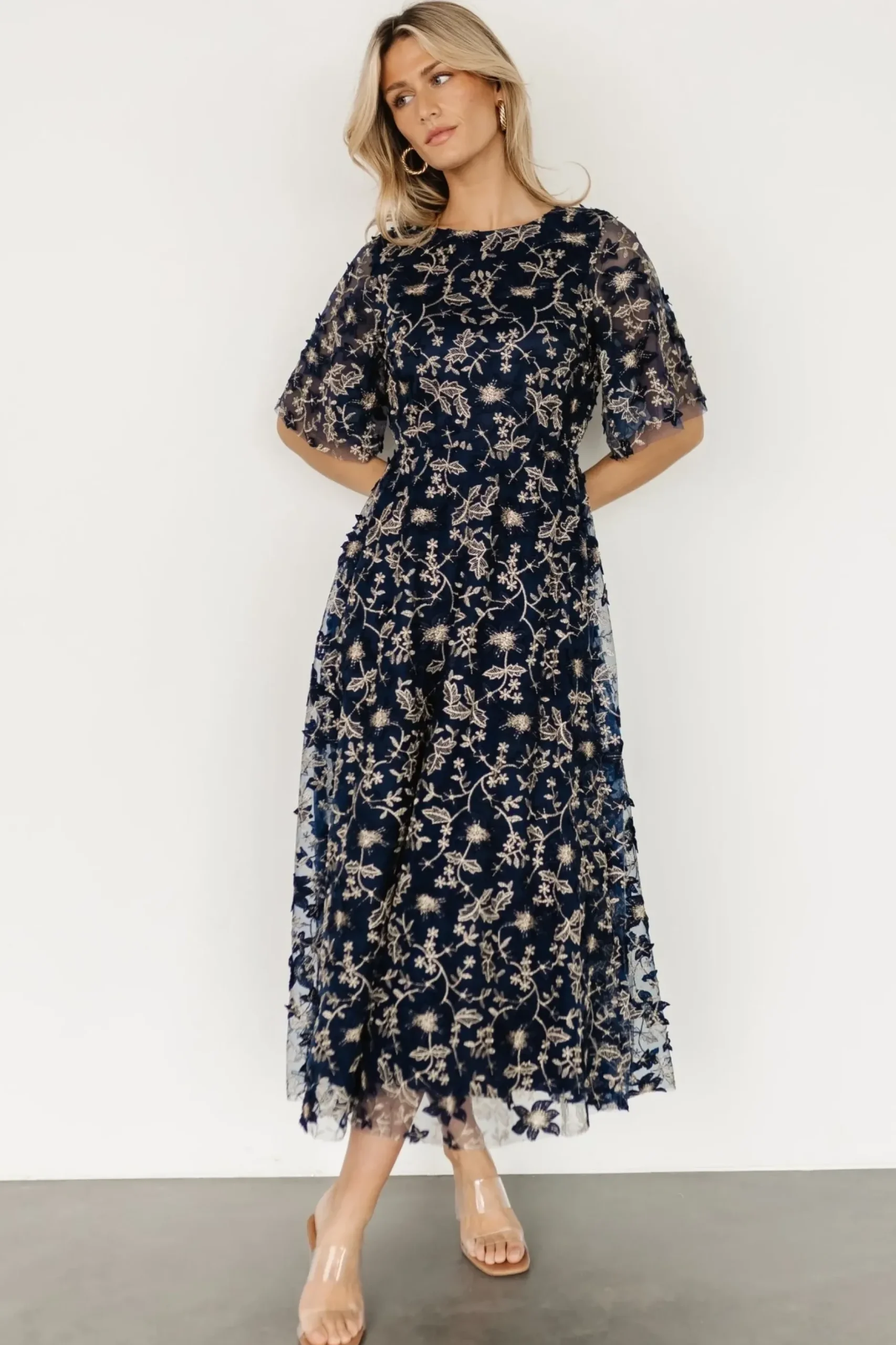Baltic Born WEDDING SUITE|wedding guest|Arabella Embroidered Tulle Maxi Dress | Navy + Gold