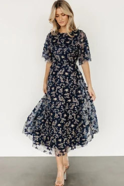 Baltic Born WEDDING SUITE|wedding guest|Arabella Embroidered Tulle Maxi Dress | Navy + Gold