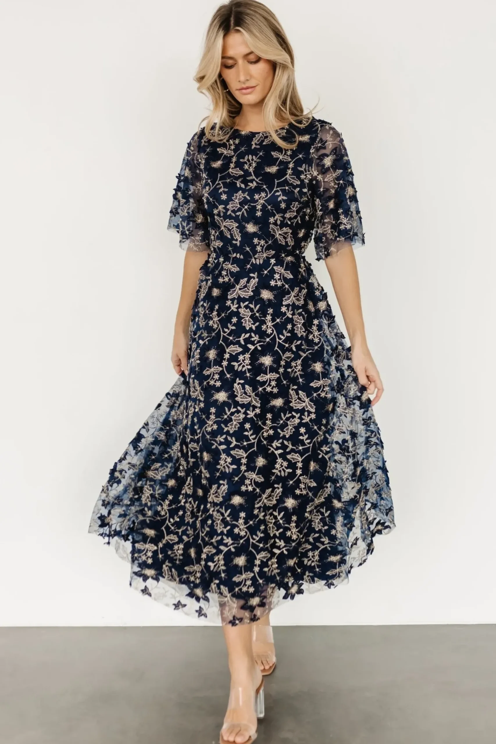 Baltic Born WEDDING SUITE|wedding guest|Arabella Embroidered Tulle Maxi Dress | Navy + Gold