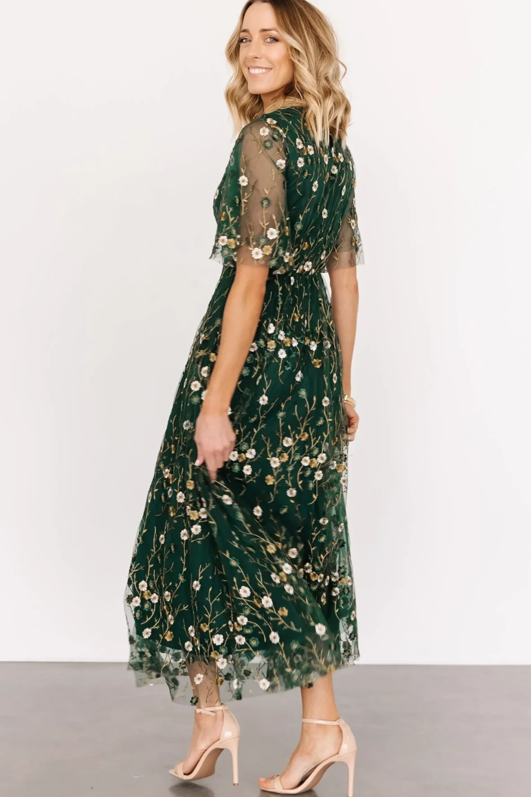 Baltic Born WEDDING SUITE|wedding guest|Arabella Embroidered Tulle Maxi Dress | Dark Green Floral