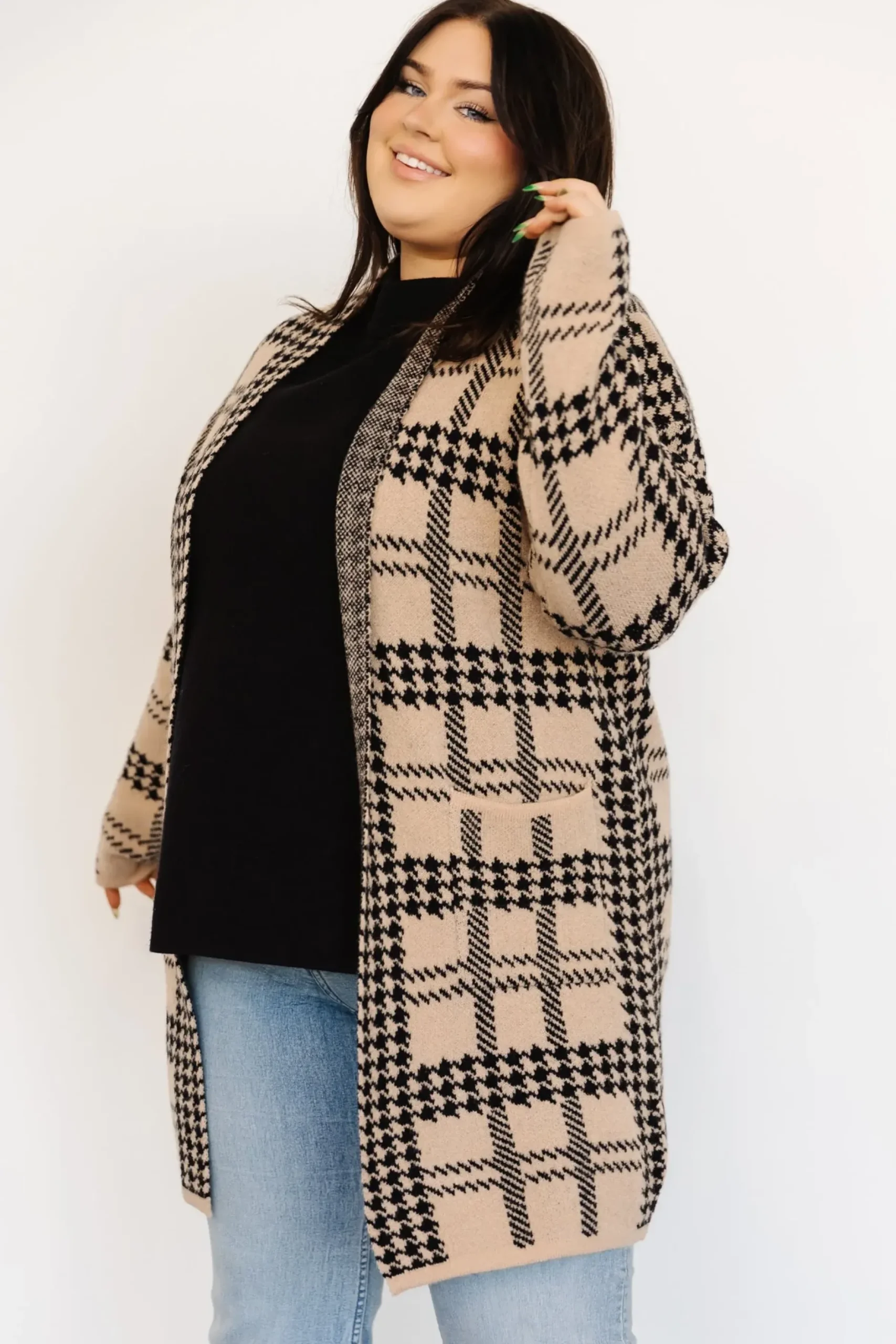Baltic Born cardigans|Arvo Houndstooth Long Cardigan | Taupe + Black