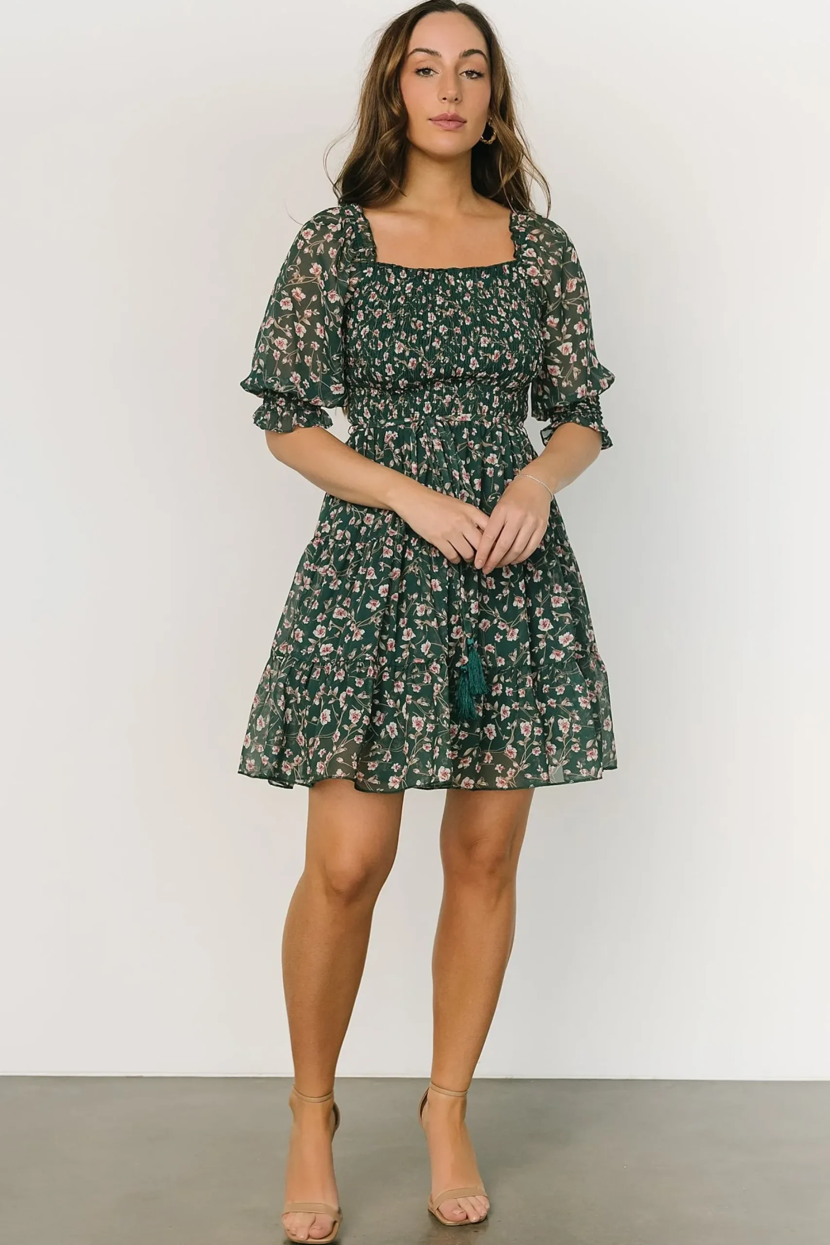 Baltic Born short dresses|Azlyn Smocked Short Dress | Green + Pink Floral