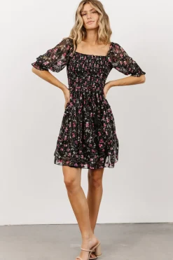 Baltic Born short dresses|Azlyn Smocked Short Dress | Black + Purple Floral