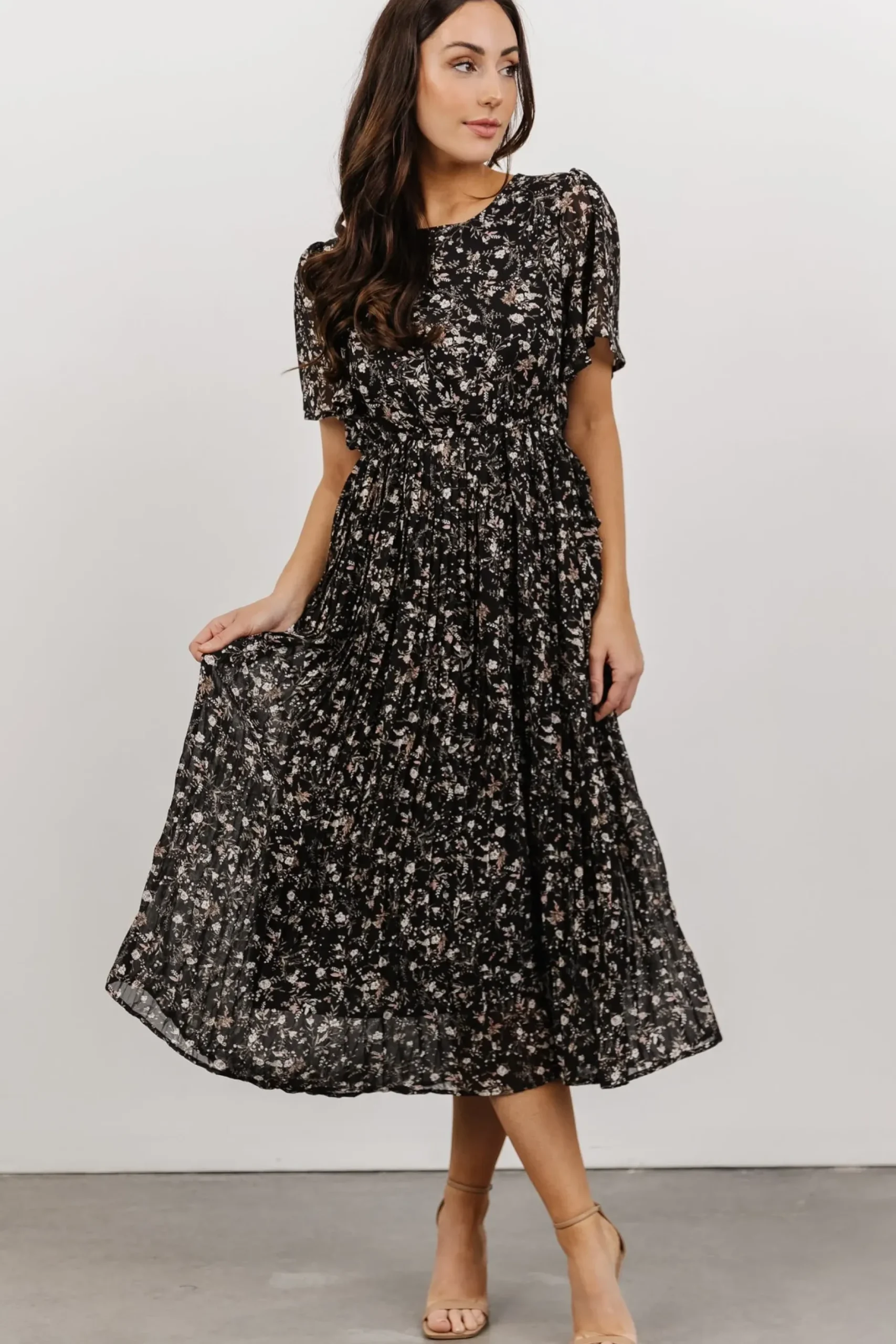 Baltic Born SALE|Belfast Pleated Midi Dress | Black Floral