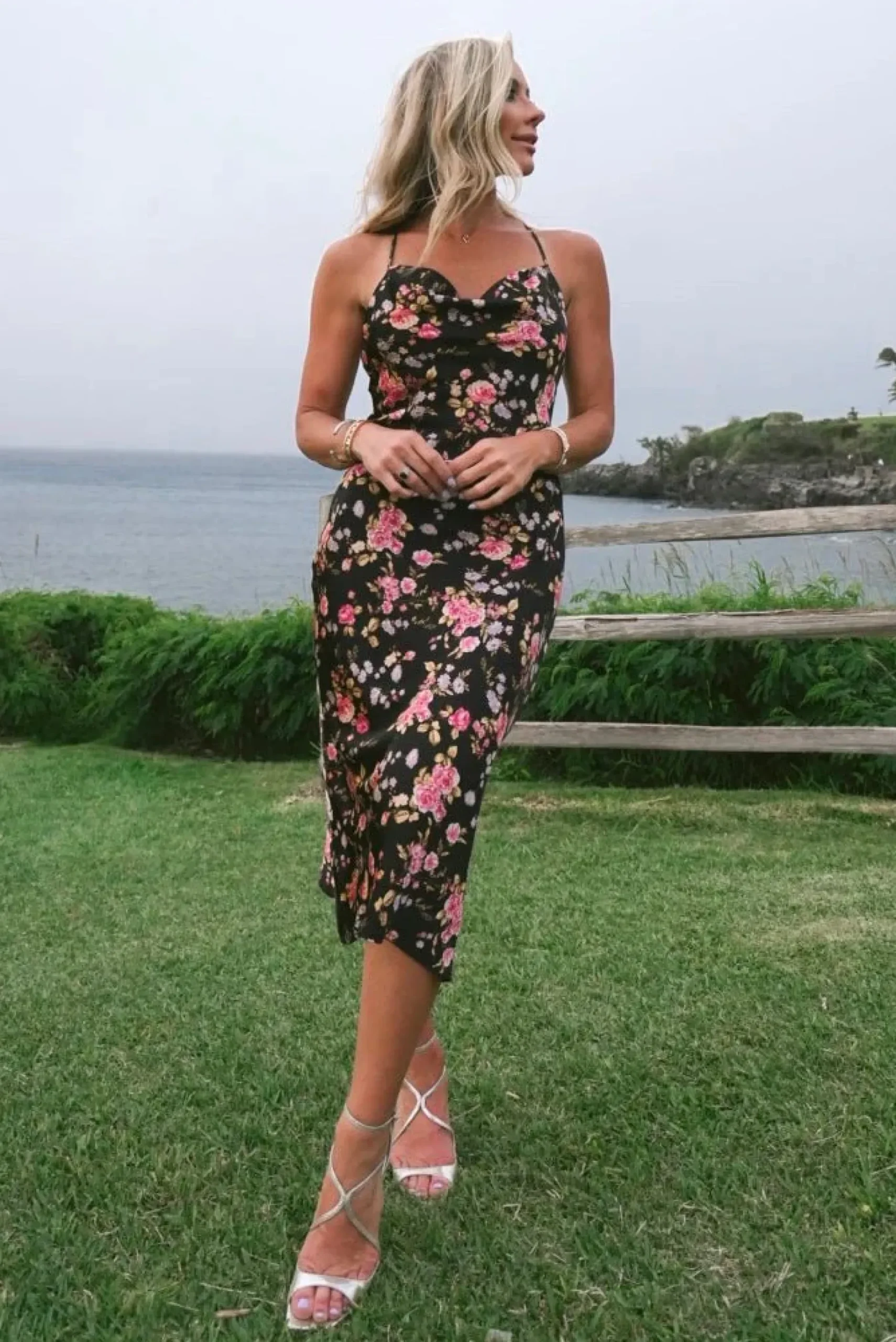 Baltic Born SALE|Belyn Satin Midi Dress | Black Rose Floral