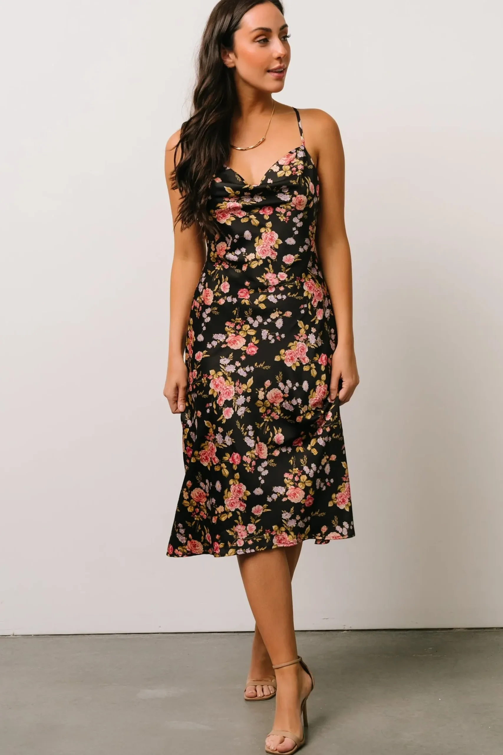 Baltic Born SALE|Belyn Satin Midi Dress | Black Rose Floral
