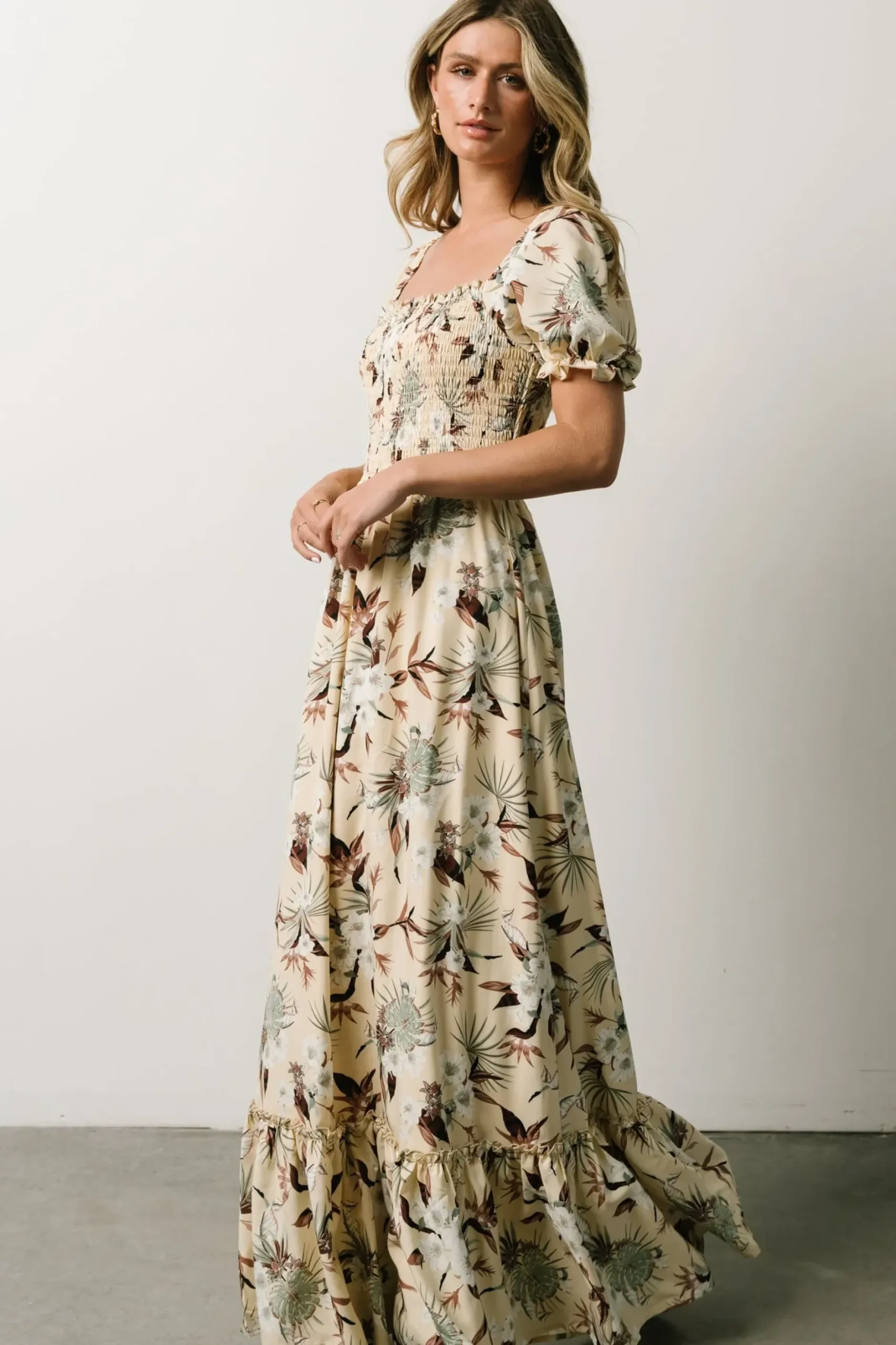 Baltic Born WINTER ESSENTIALS|Capri Smocked Maxi Dress | Cream Palm Print