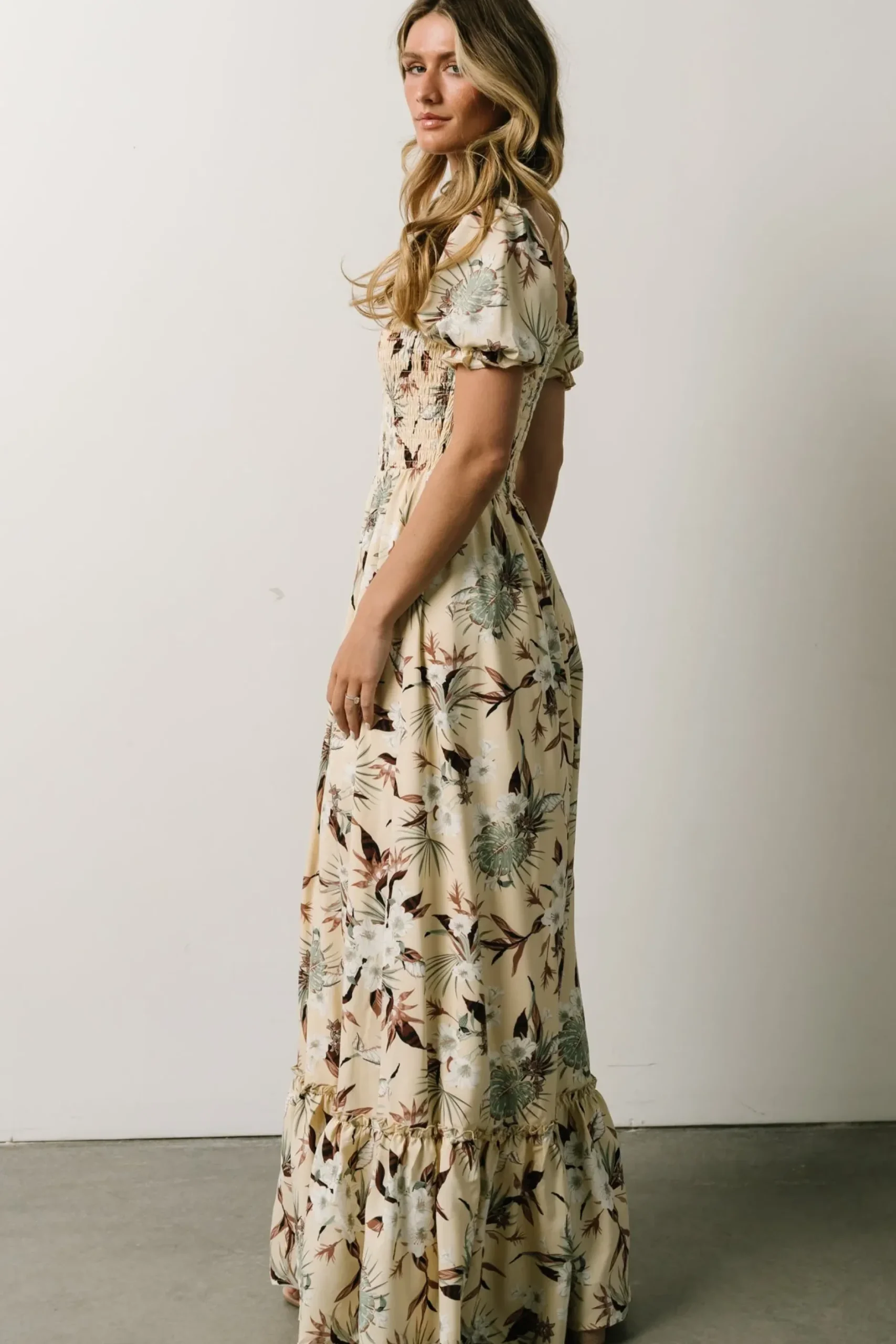 Baltic Born WINTER ESSENTIALS|Capri Smocked Maxi Dress | Cream Palm Print