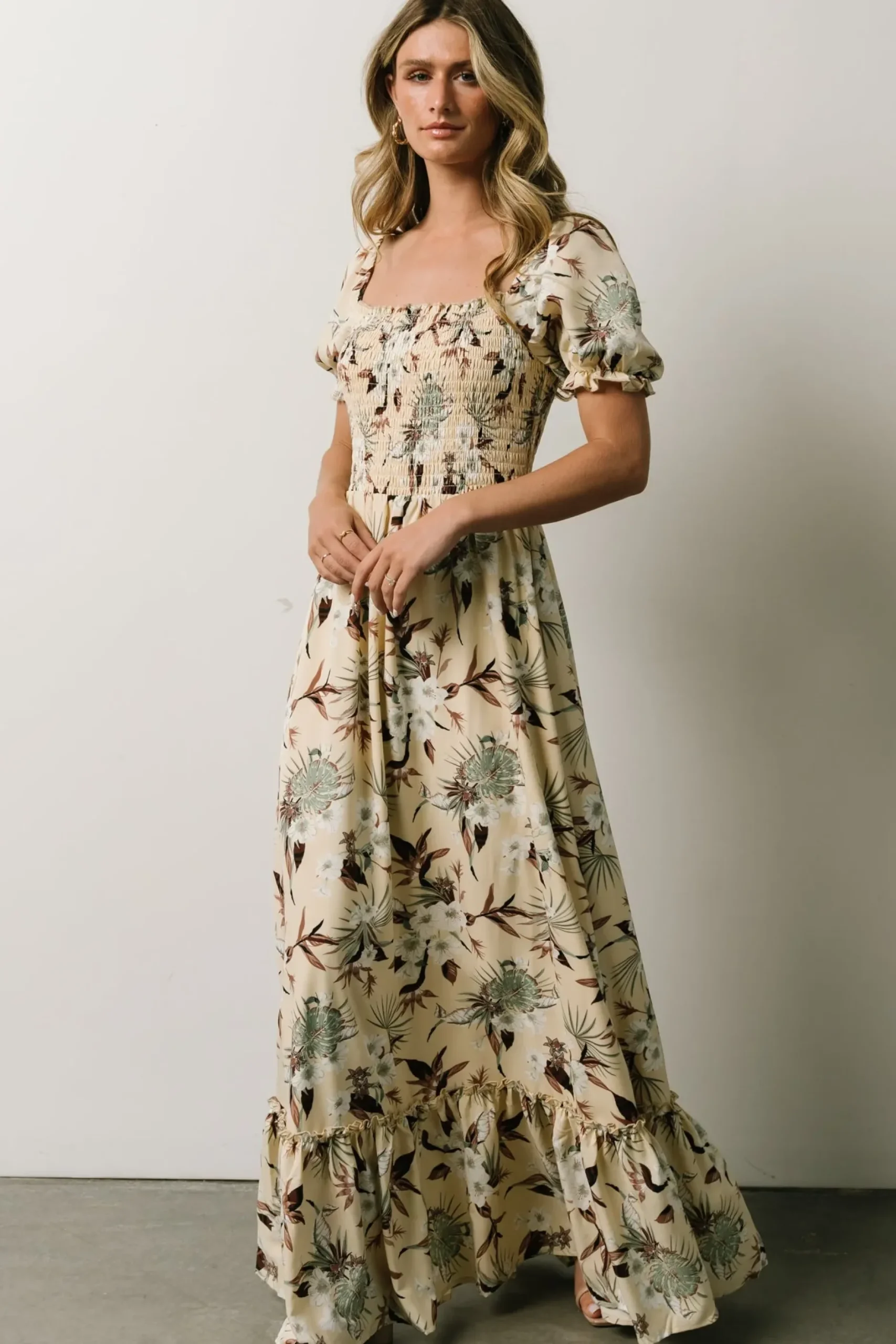 Baltic Born WINTER ESSENTIALS|Capri Smocked Maxi Dress | Cream Palm Print