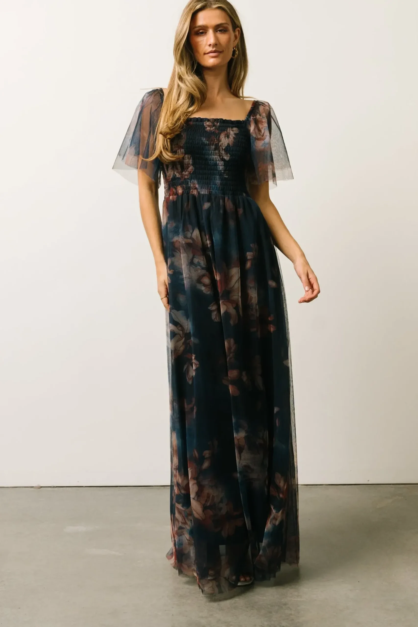 Baltic Born WEDDING SUITE|wedding guest|Cassandra Tulle Maxi Dress | Dark Blue Floral