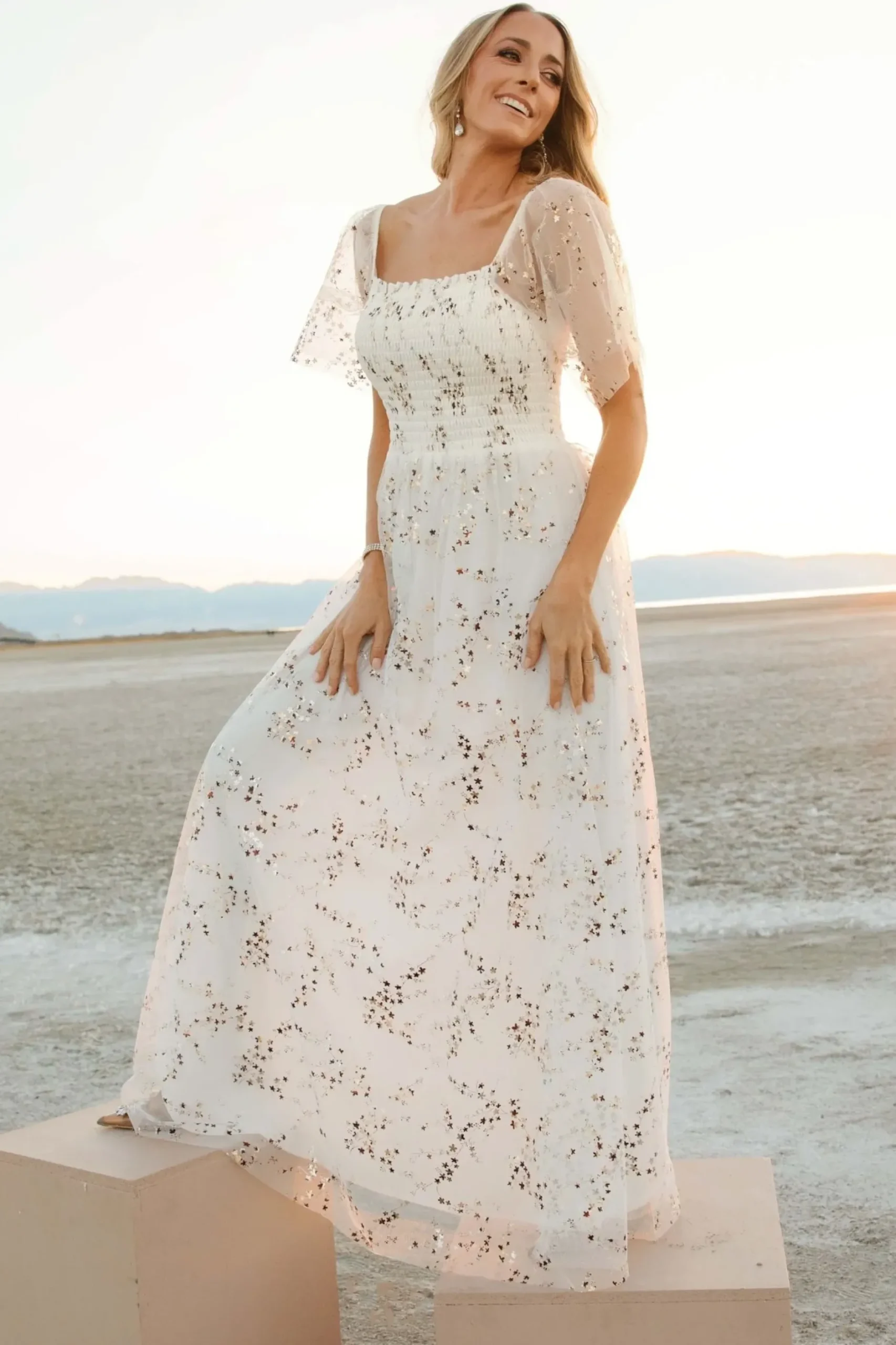 Baltic Born WEDDING SUITE|wedding guest|Cassandra Tulle Maxi Dress | Metallic White