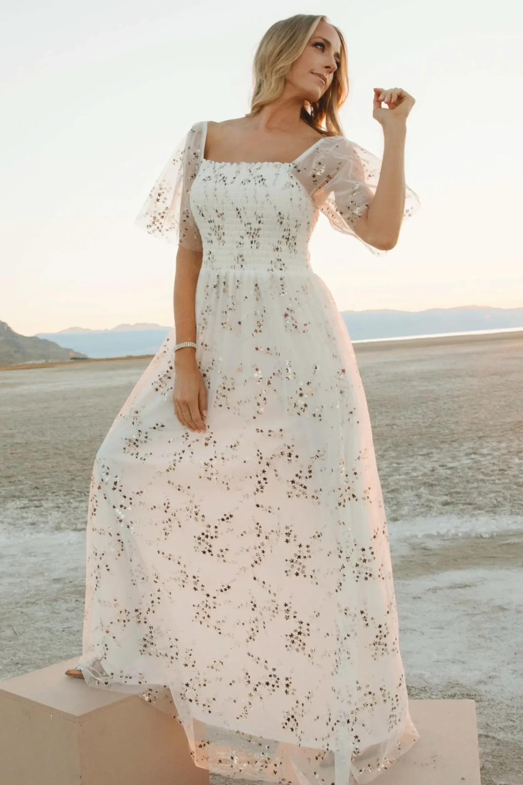 Baltic Born WEDDING SUITE|wedding guest|Cassandra Tulle Maxi Dress | Metallic White