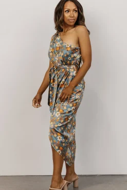 Baltic Born BEST SELLERS|Celia One Shoulder Midi Dress | Blue Floral