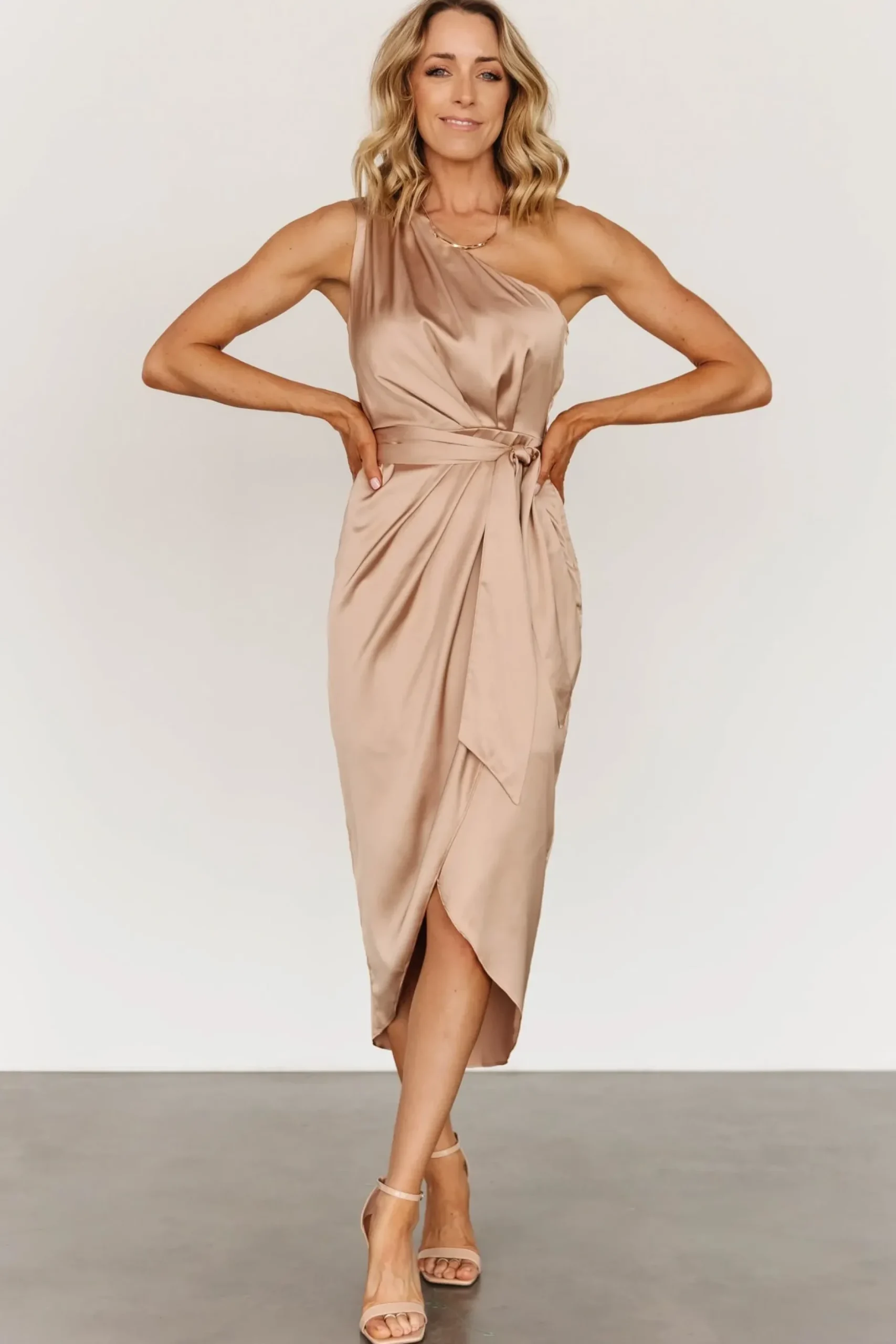 Baltic Born BEST SELLERS|Celia One Shoulder Midi Dress | Champagne