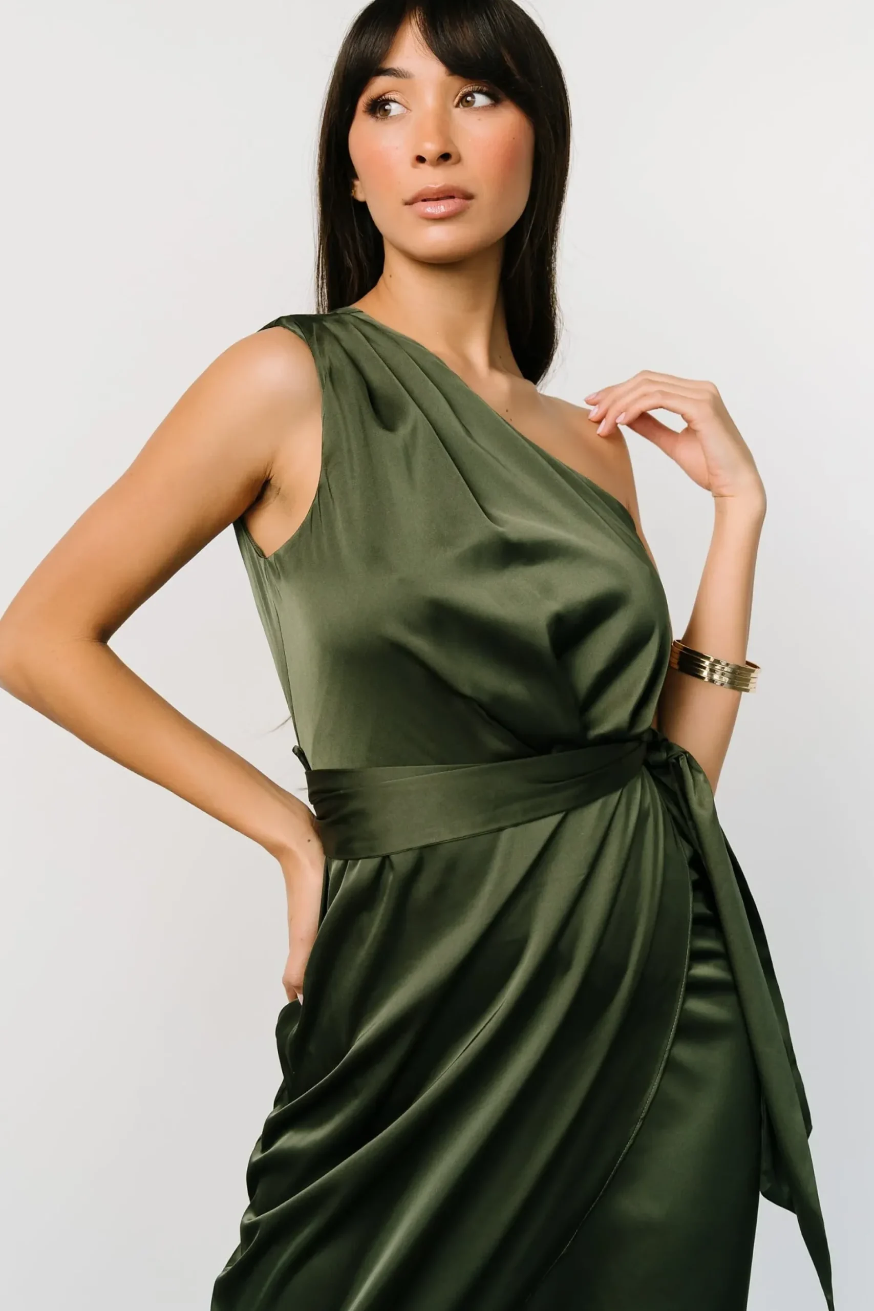 Baltic Born BEST SELLERS|Celia One Shoulder Midi Dress | Olive