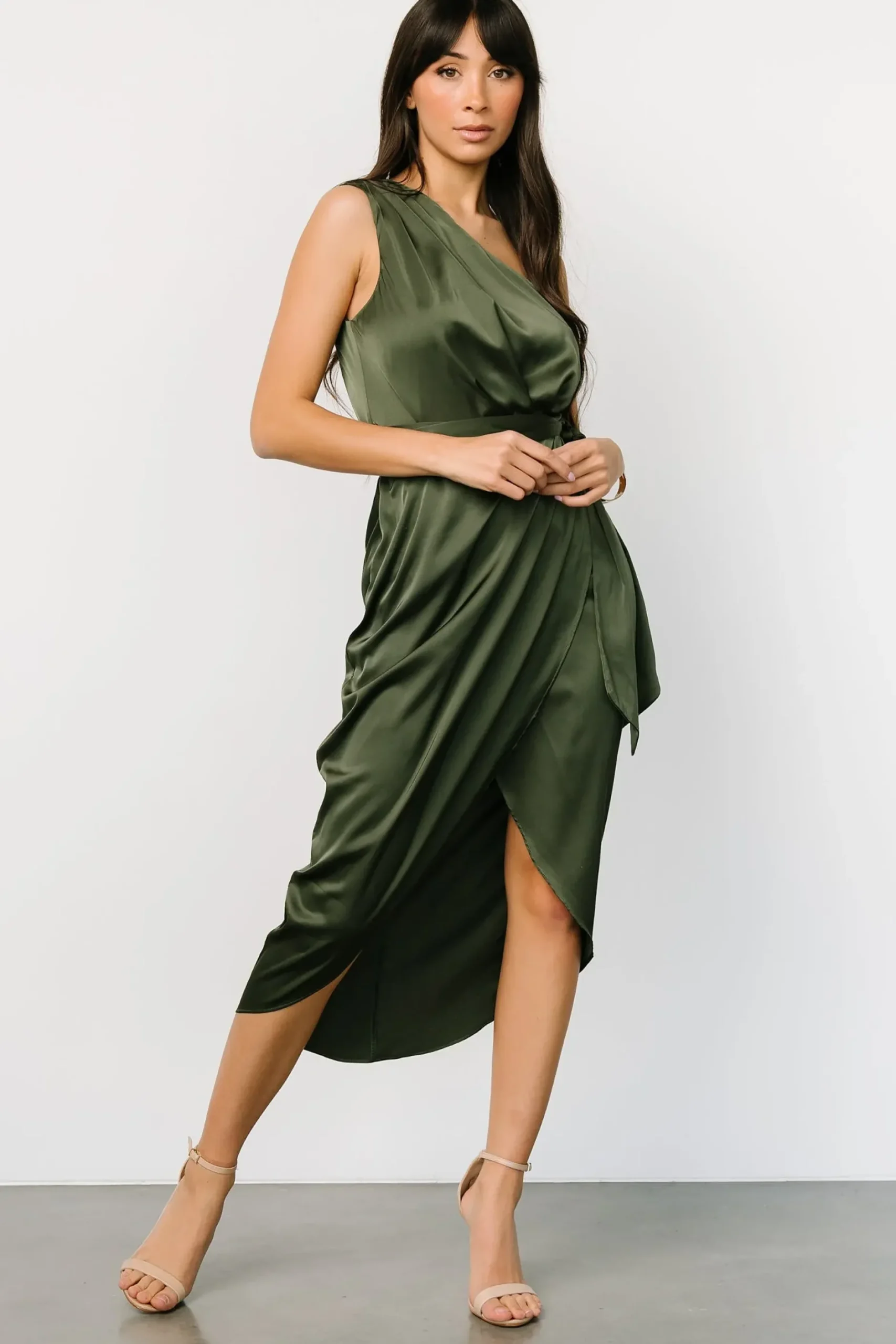Baltic Born BEST SELLERS|Celia One Shoulder Midi Dress | Olive