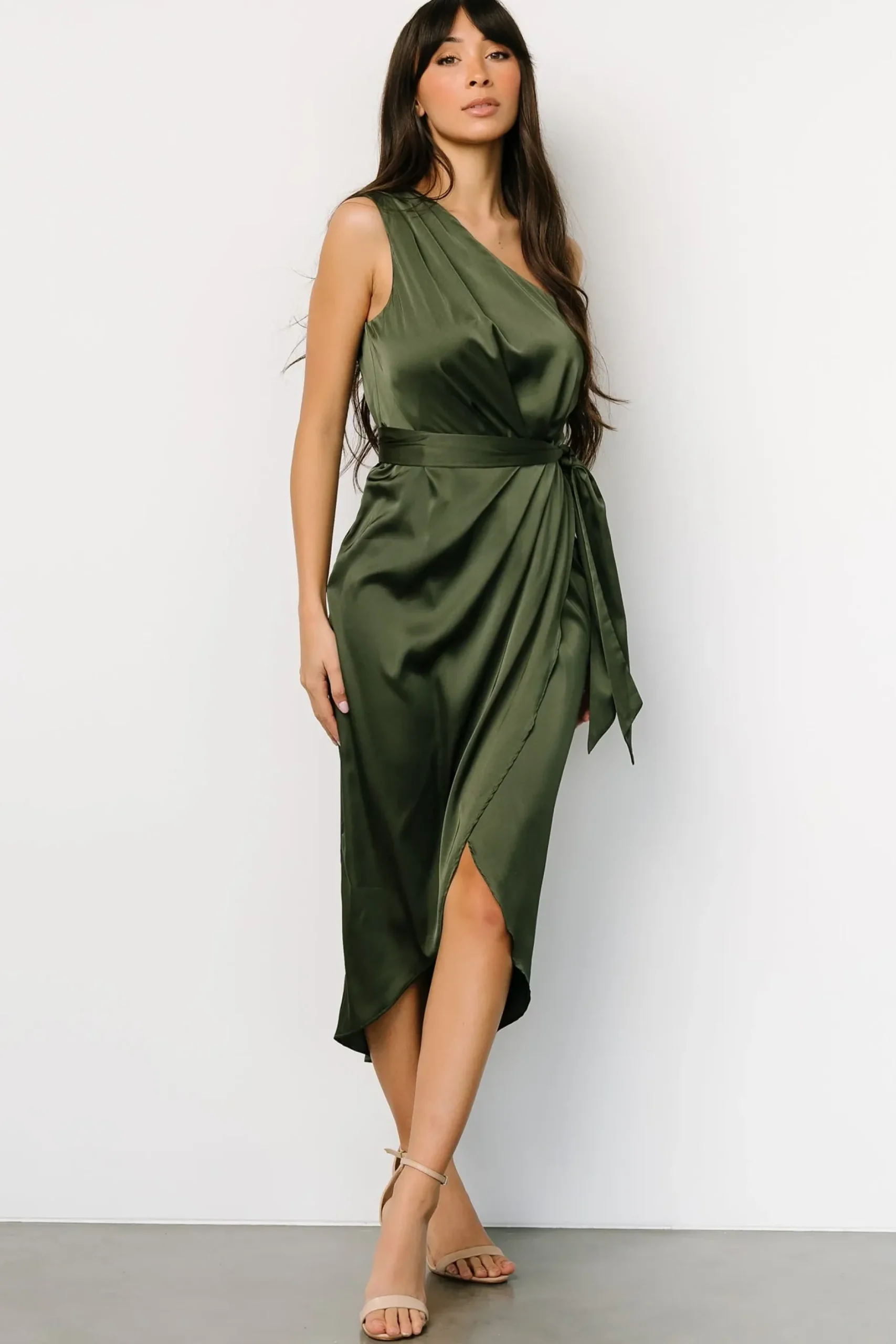 Baltic Born BEST SELLERS|Celia One Shoulder Midi Dress | Olive