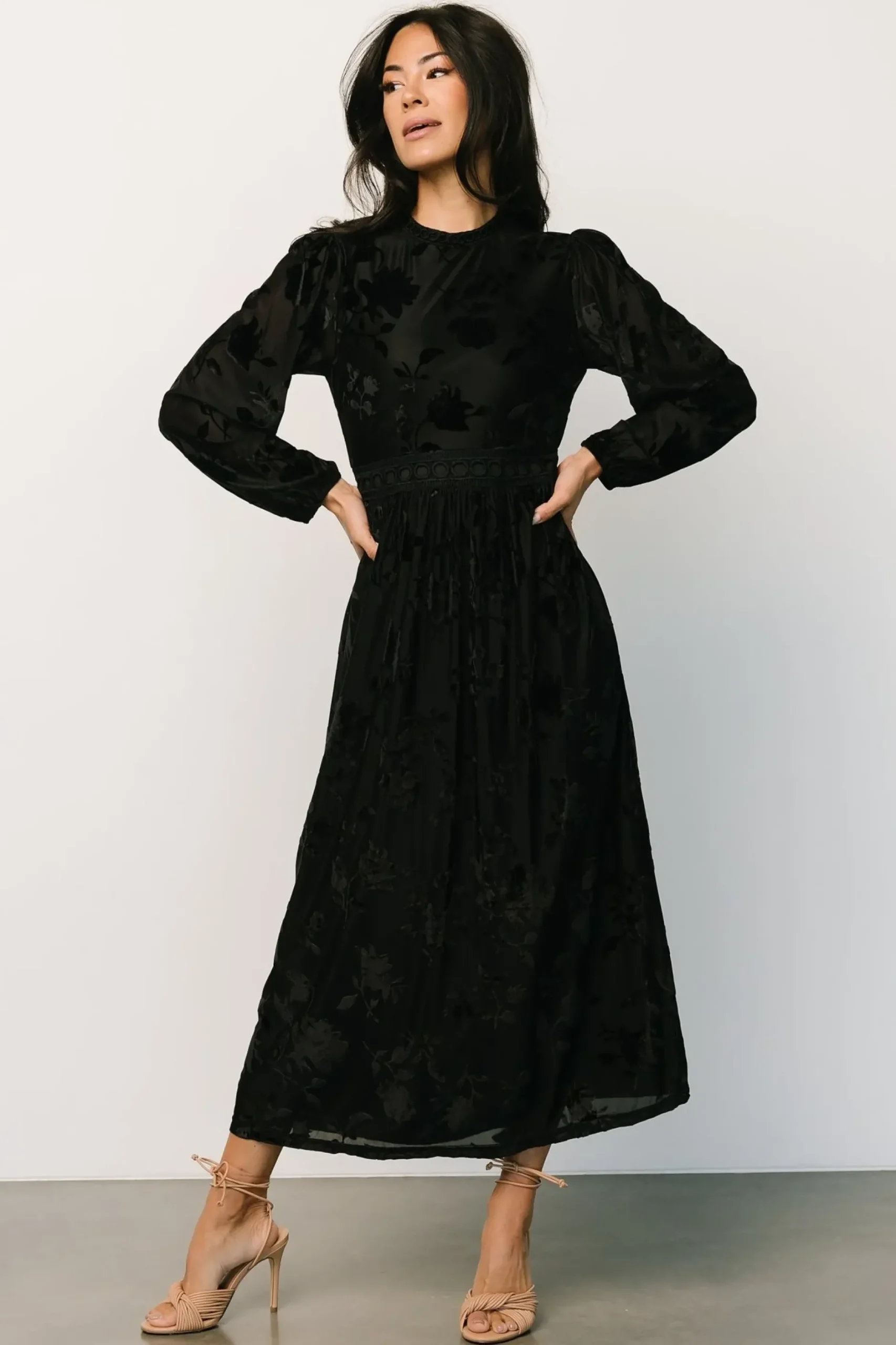 Baltic Born midi dresses|WEDDING SUITE|Christine Velvet Embossed Midi Dress | Black