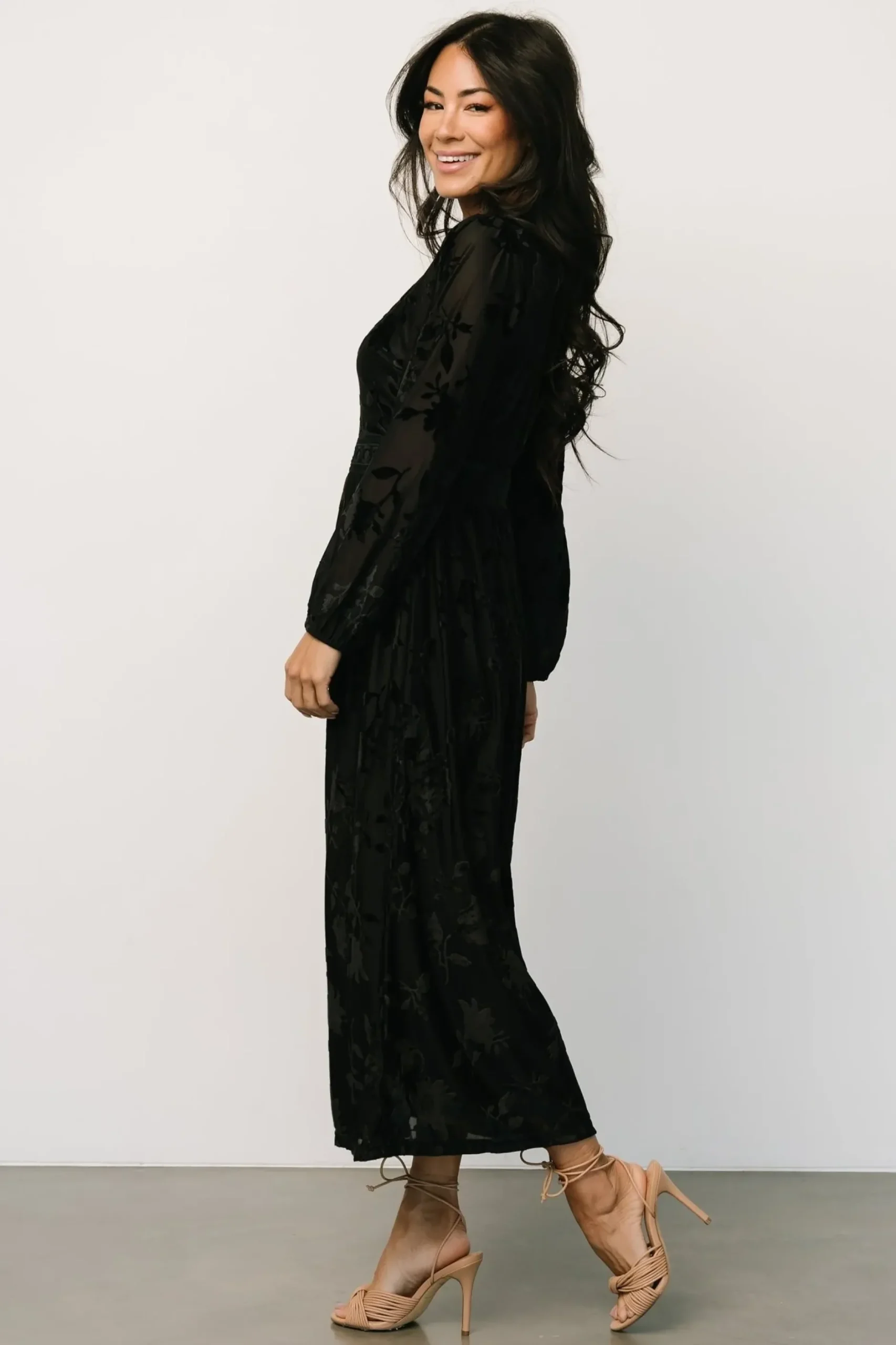 Baltic Born midi dresses|WEDDING SUITE|Christine Velvet Embossed Midi Dress | Black