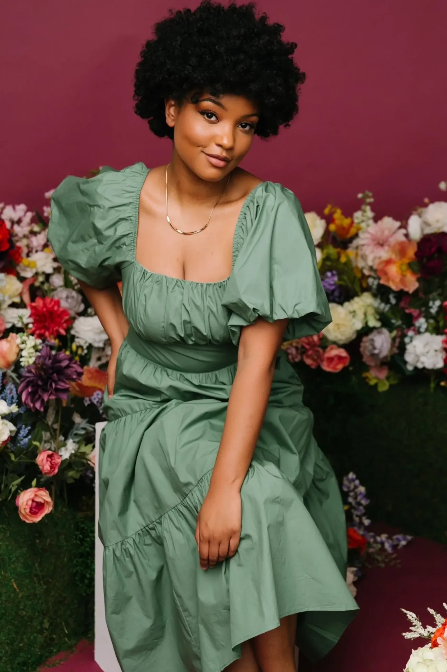 Baltic Born midi dresses|Cindy Puff Sleeve Tiered Dress | Dusty Green