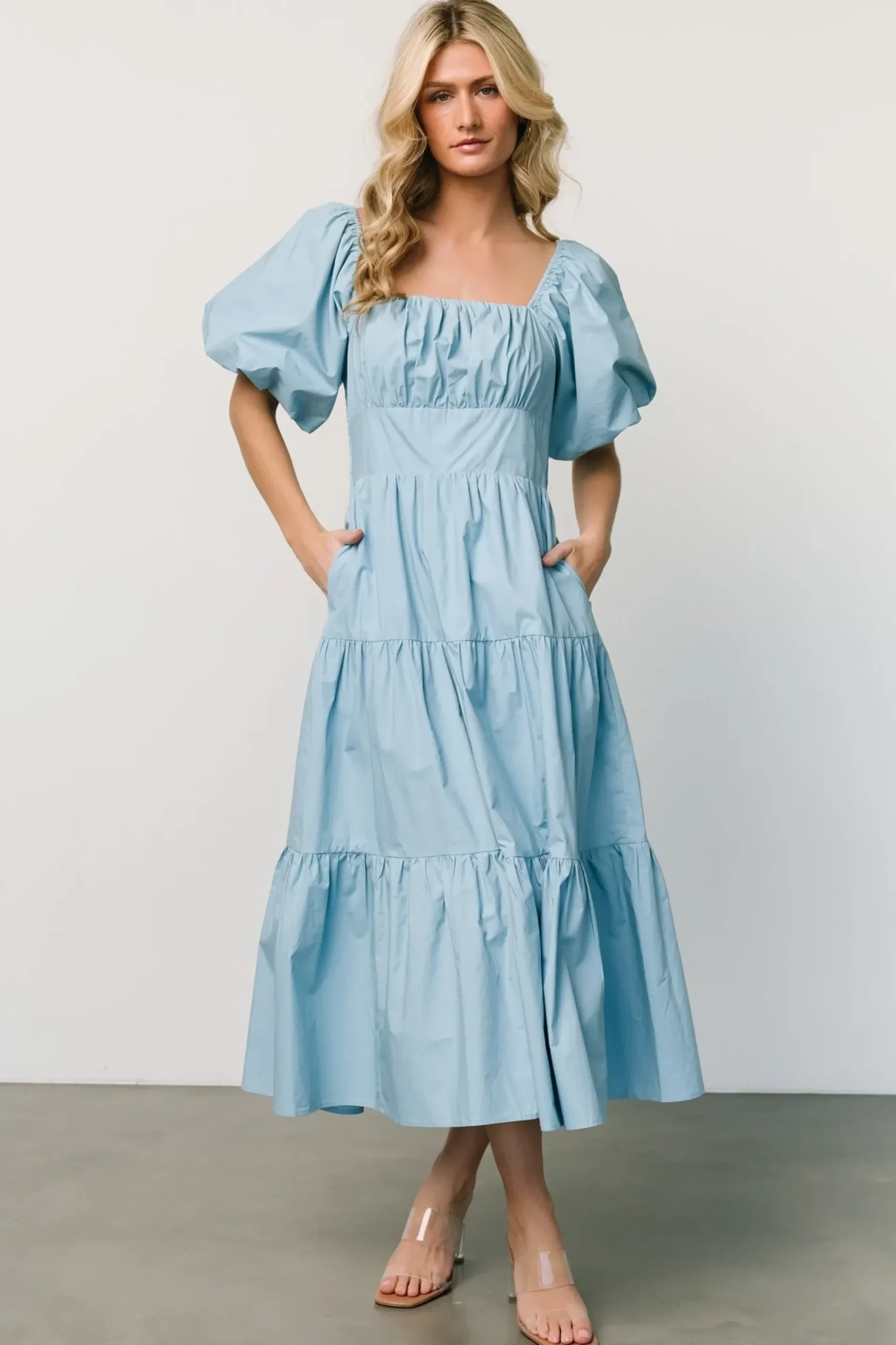 Baltic Born midi dresses|Cindy Puff Sleeve Tiered Dress | Blue
