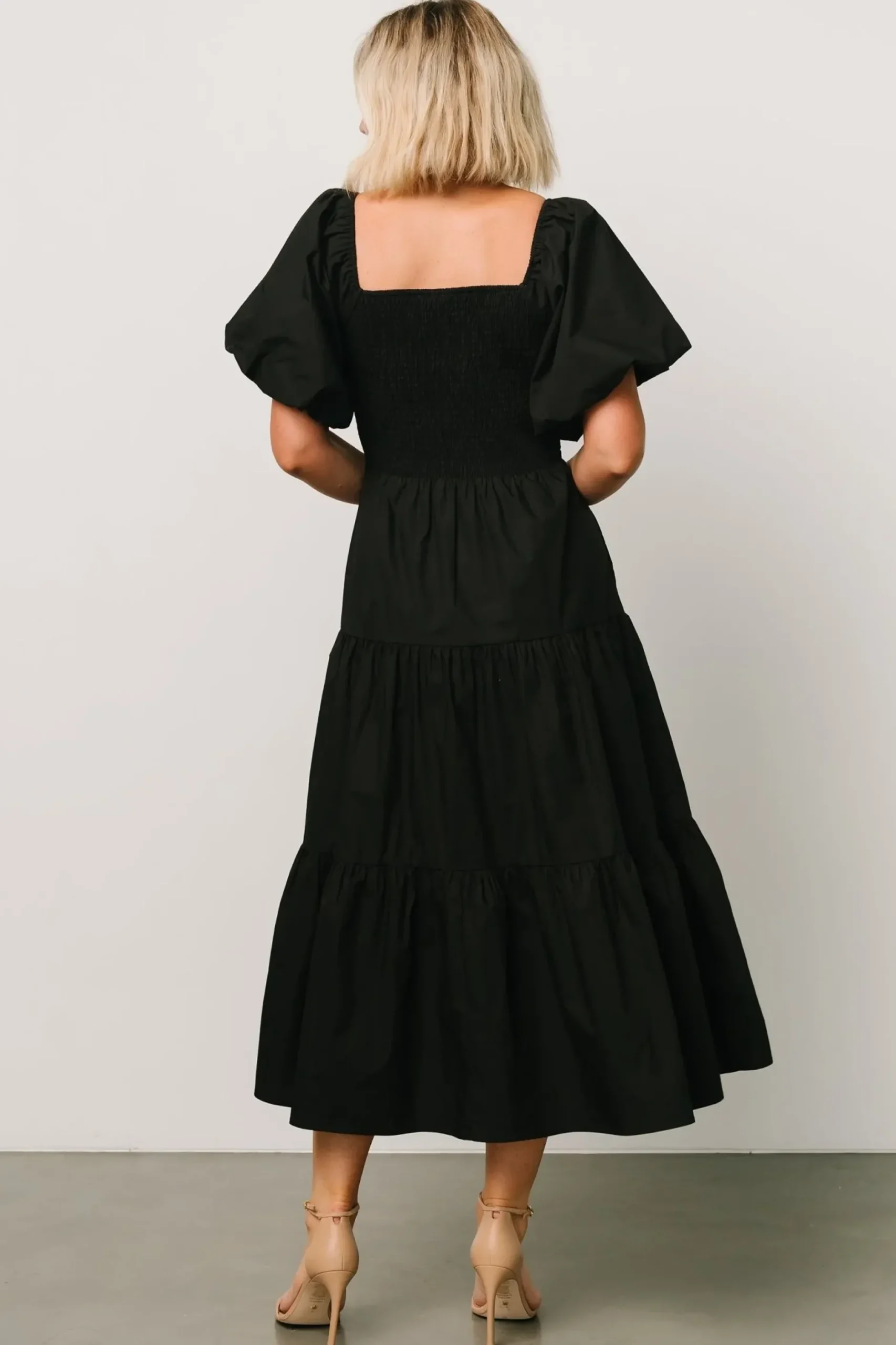 Baltic Born midi dresses|Cindy Puff Sleeve Tiered Dress | Black