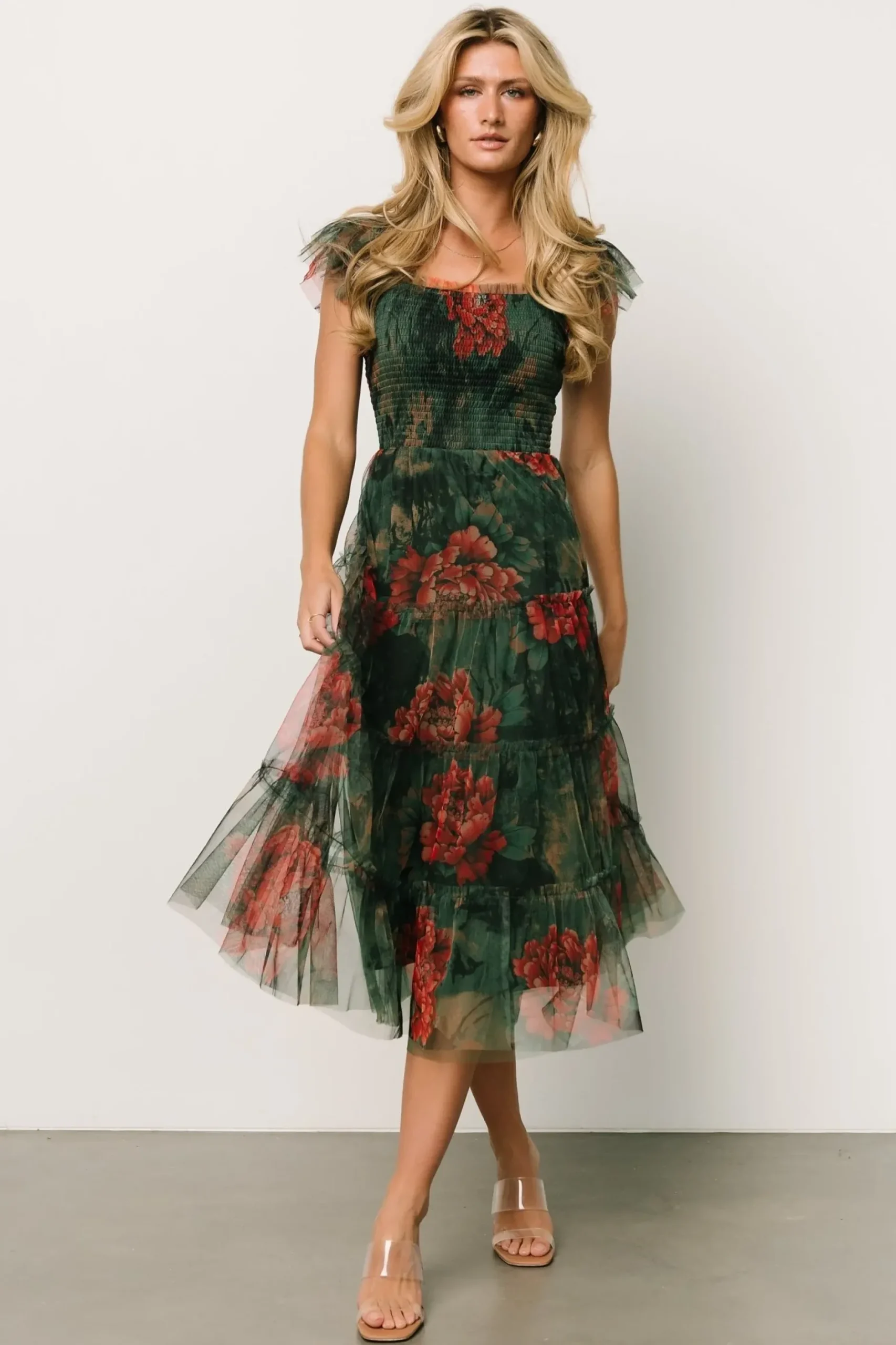 Baltic Born COMING SOON|Clementine Tulle Midi Dress | Dark Green Floral