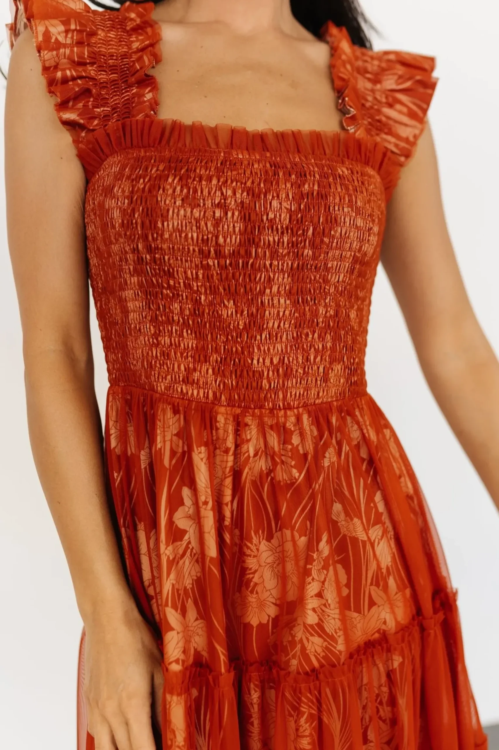 Baltic Born WEDDING SUITE|wedding guest|Cora Smocked Tulle Dress | Rust Floral