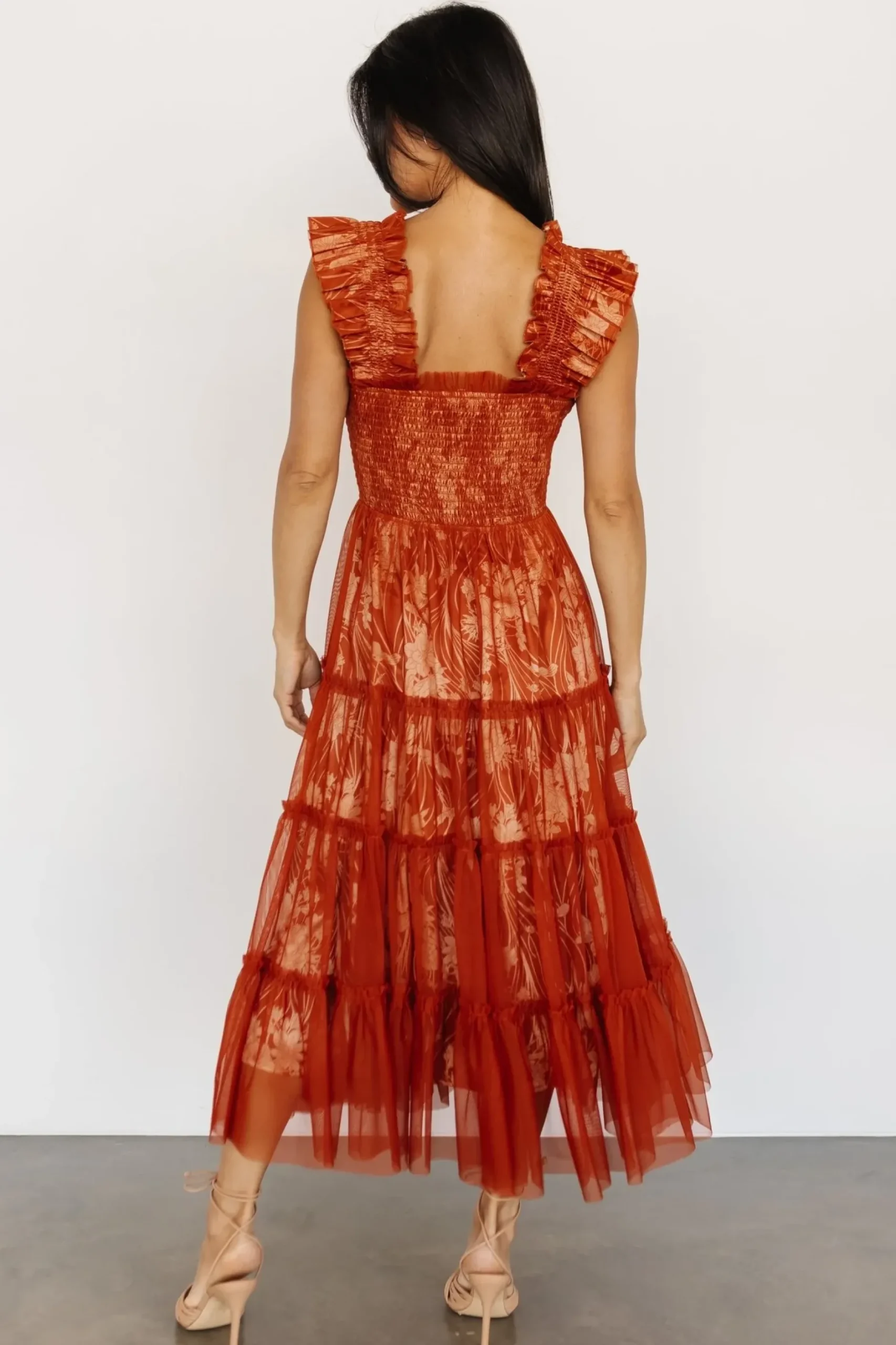 Baltic Born WEDDING SUITE|wedding guest|Cora Smocked Tulle Dress | Rust Floral