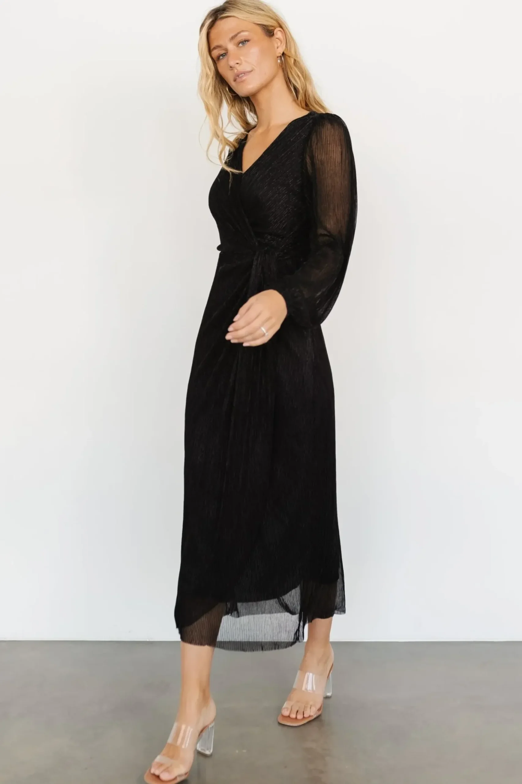 Baltic Born WEDDING SUITE|wedding guest|Devlyn Pleated Dress | Black Shimmer
