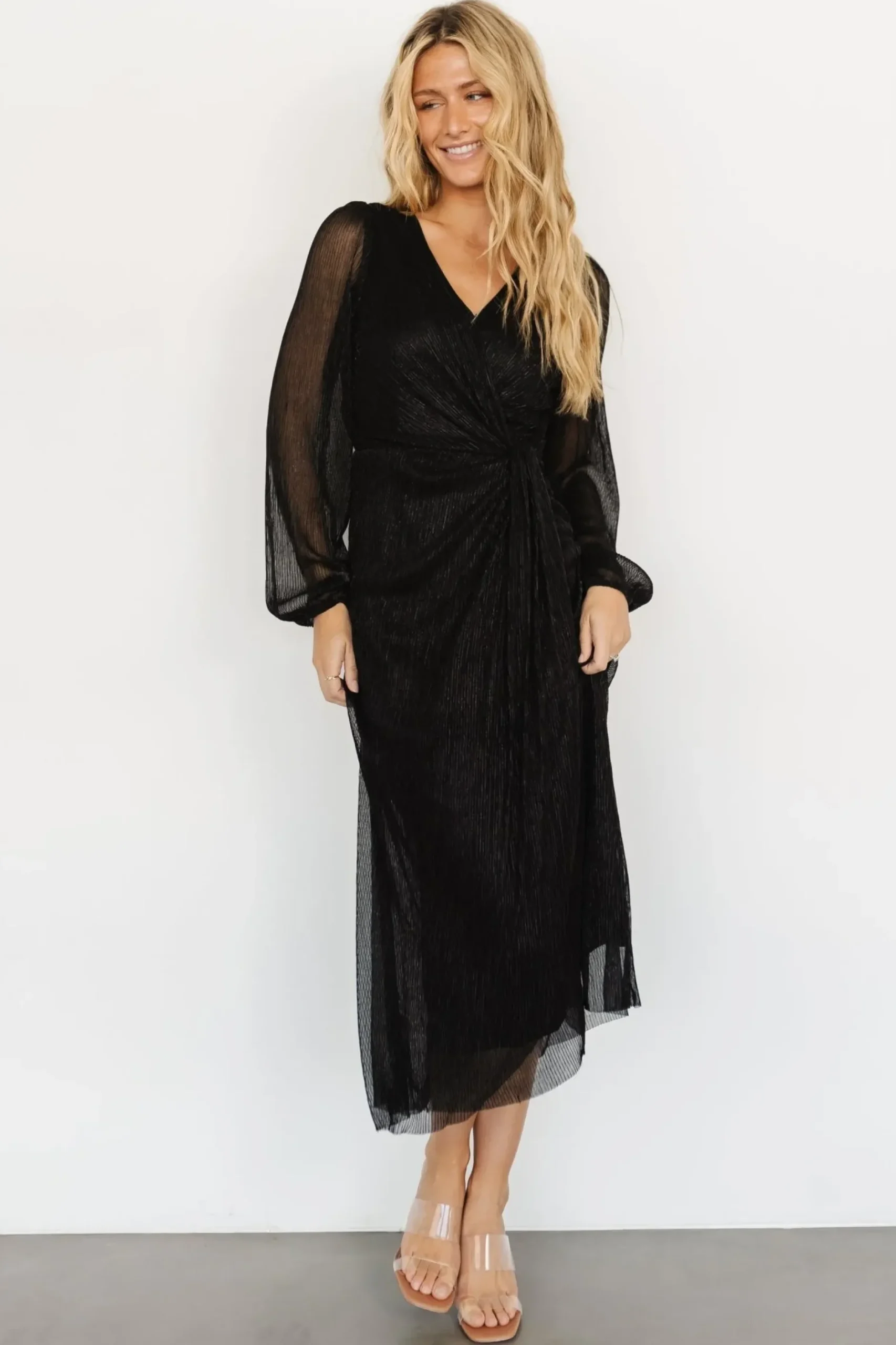 Baltic Born WEDDING SUITE|wedding guest|Devlyn Pleated Dress | Black Shimmer