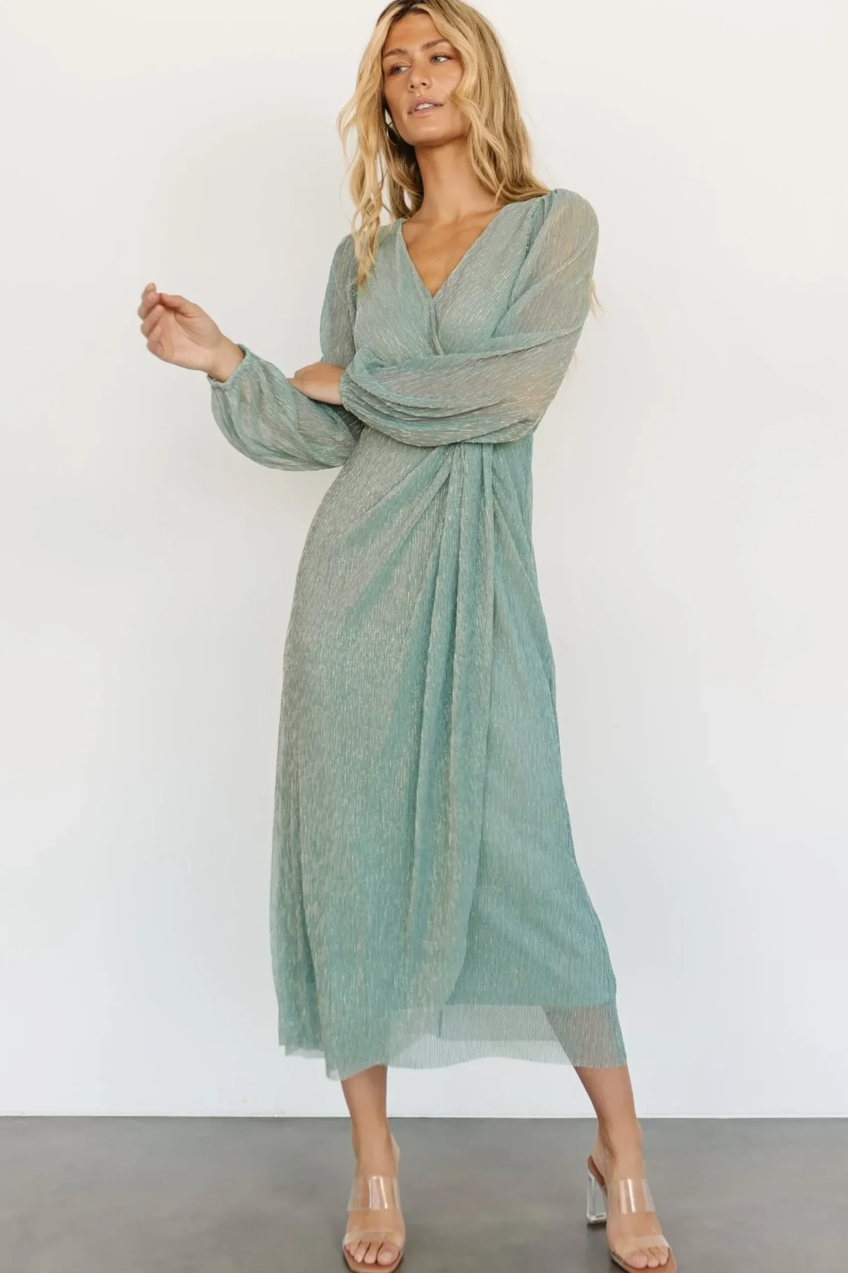 Baltic Born WEDDING SUITE|wedding guest|Devlyn Pleated Dress | Blue Sage Shimmer