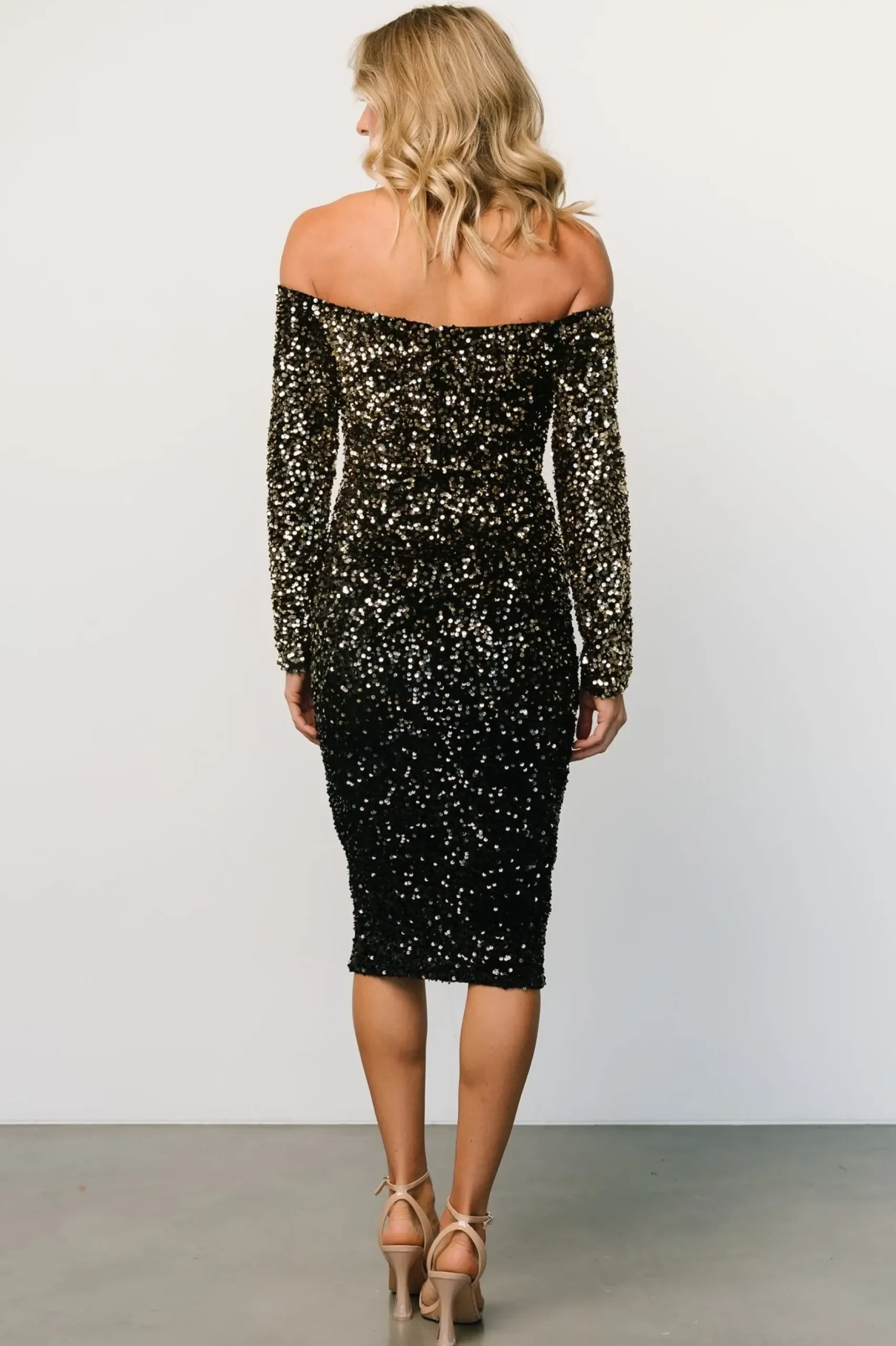 Baltic Born midi dresses|embellished + sequined|Eclipse Sequin Midi Dress | Black + Gold